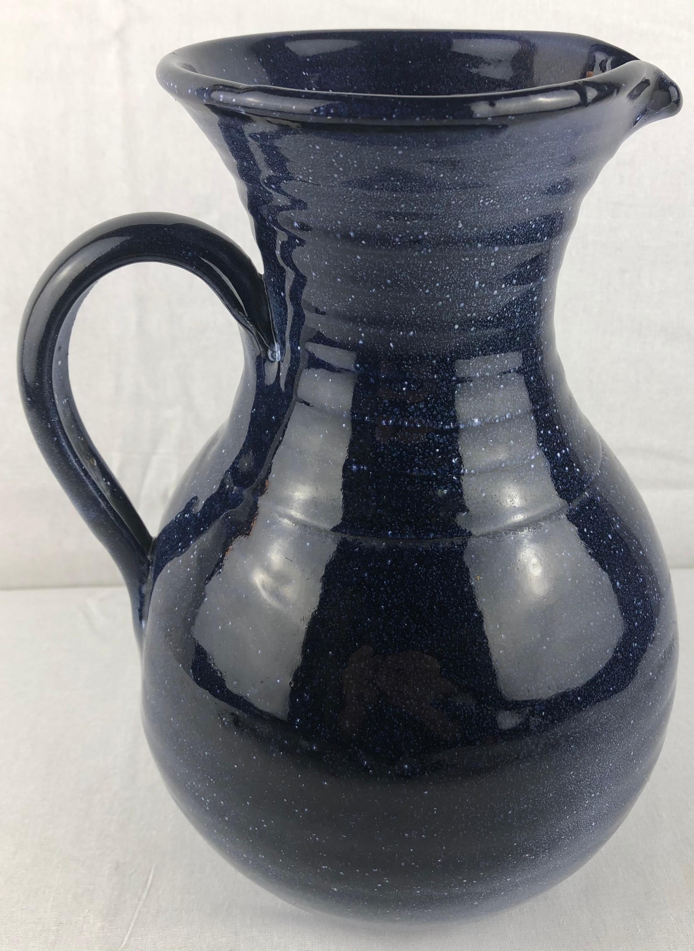 French Ceramic Pitcher or Handled Vase Dark Blue Anduze Pottery  For Sale 2