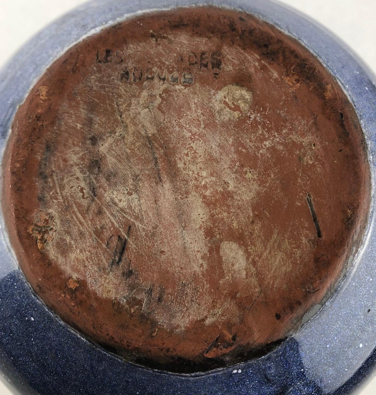 French Ceramic Pitcher or Handled Vase, Dark Blue Anduze Pottery For