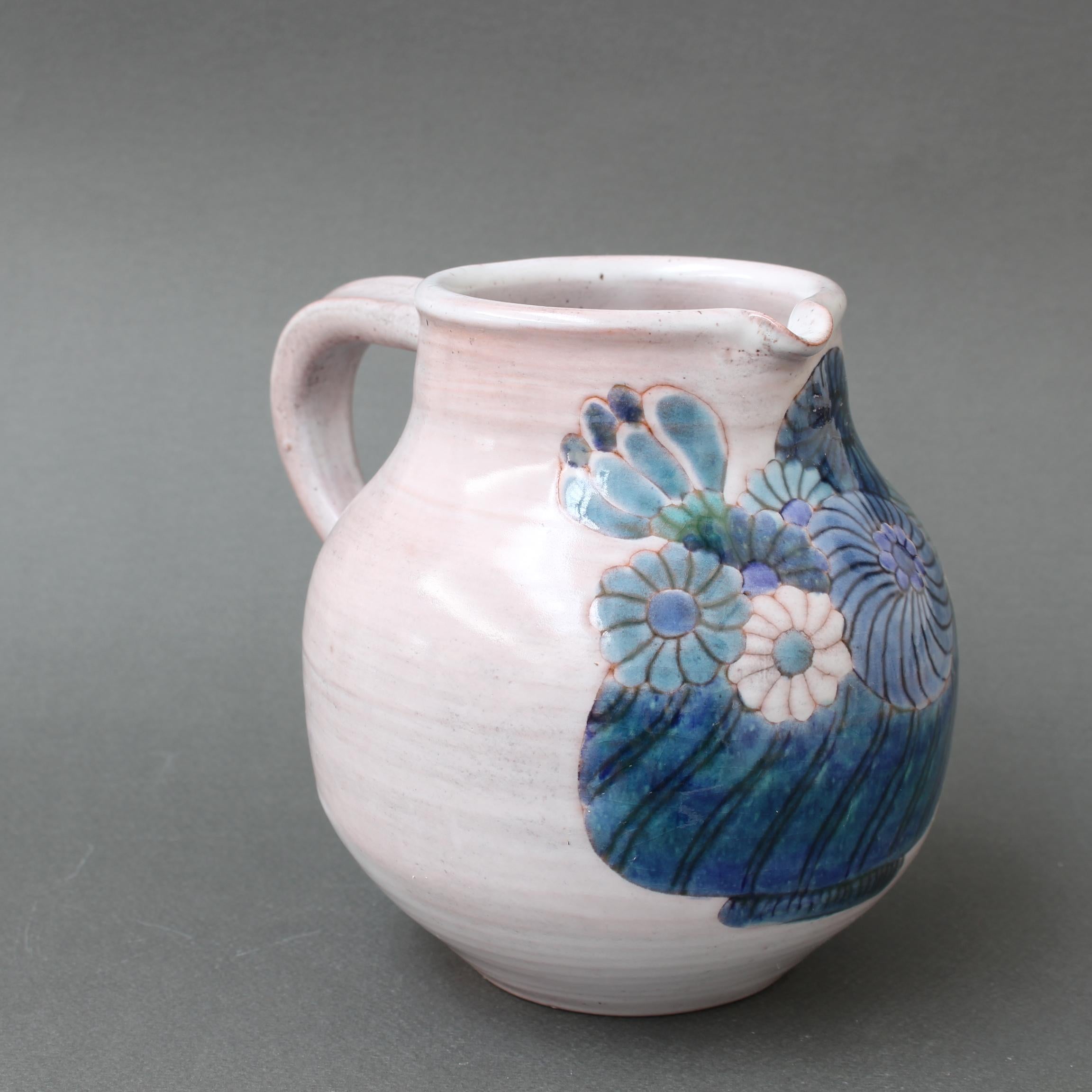 Hand-Painted French Ceramic Pitcher with Flower Motif by the Cloutier Brothers (circa 1970s) For Sale