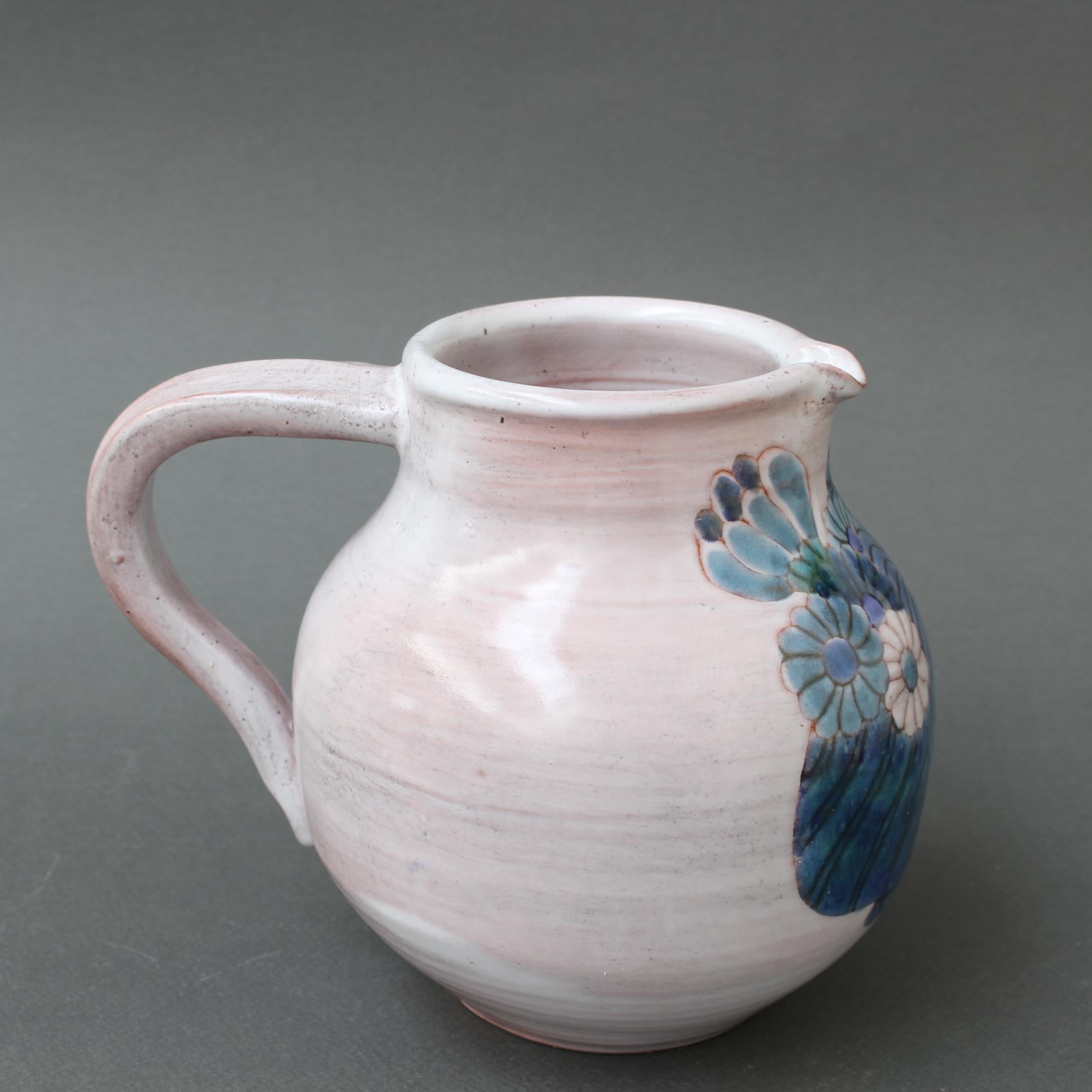 Late 20th Century French Ceramic Pitcher with Flower Motif by the Cloutier Brothers (circa 1970s) For Sale