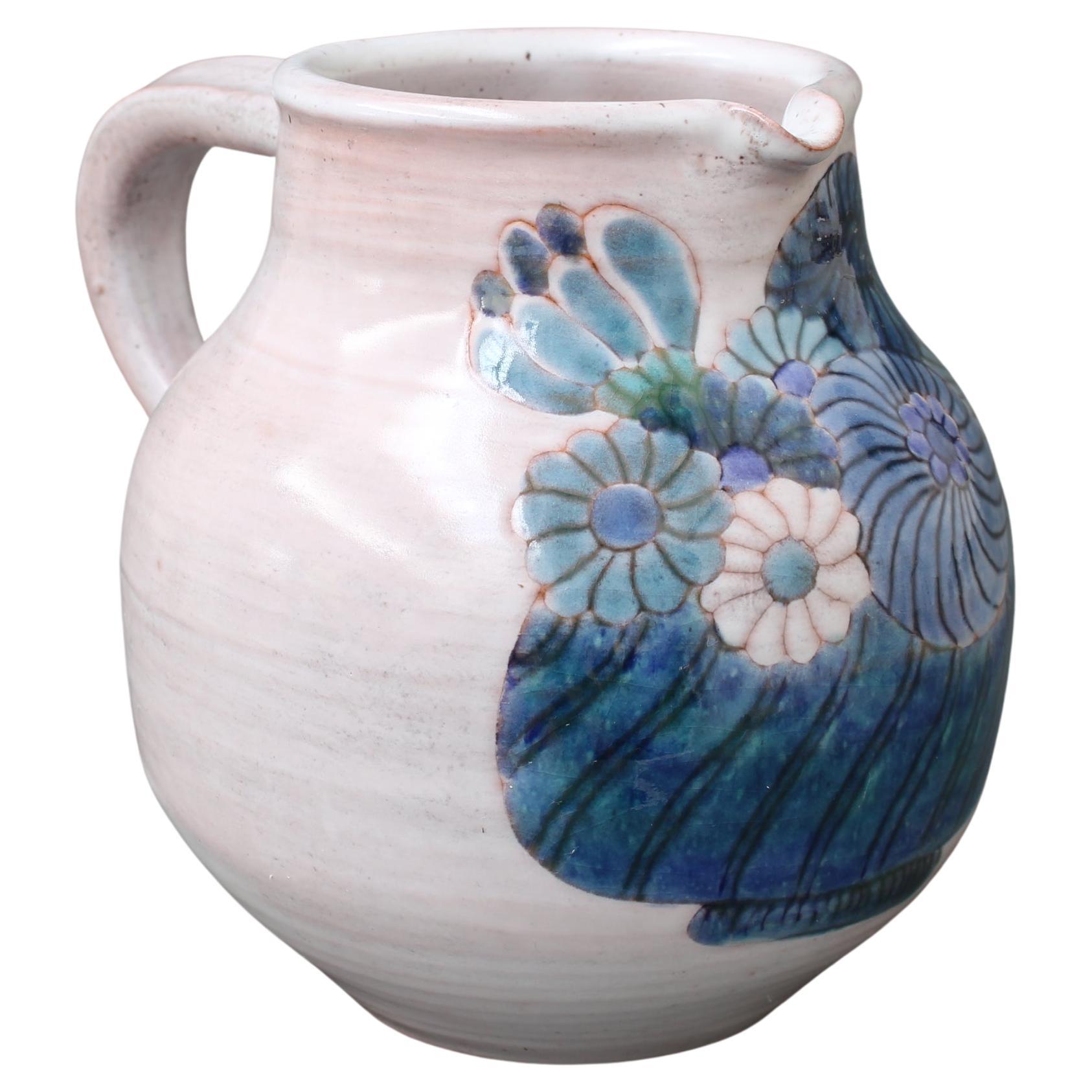 French Ceramic Pitcher with Flower Motif by the Cloutier Brothers (circa 1970s) For Sale