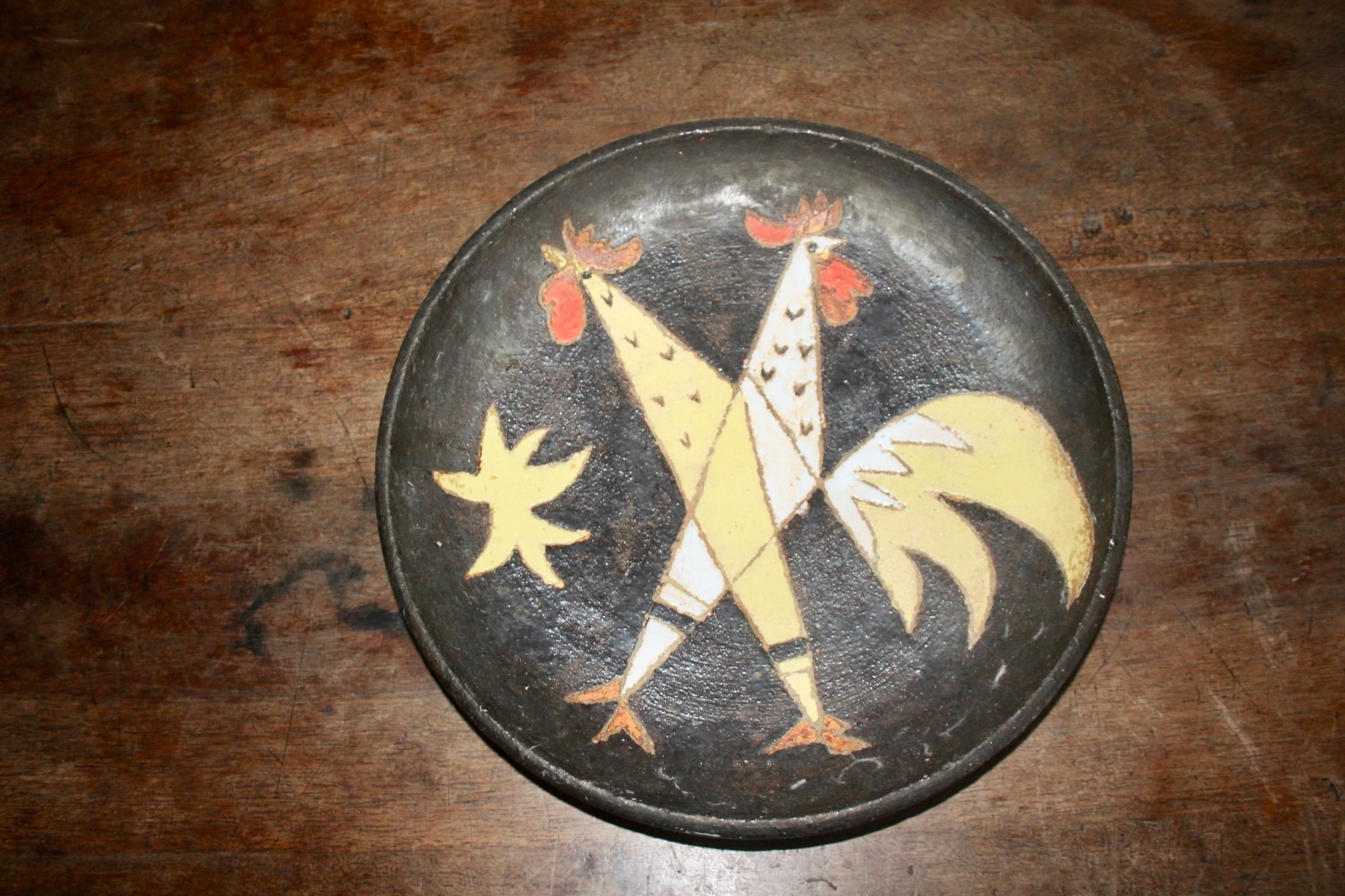 French ceramic plate with 2 rooster signed at the back FF.
