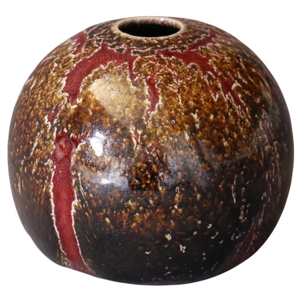 French Ceramic Red and Brown Ball Vase by Marc Uzan, circa 2000 For Sale