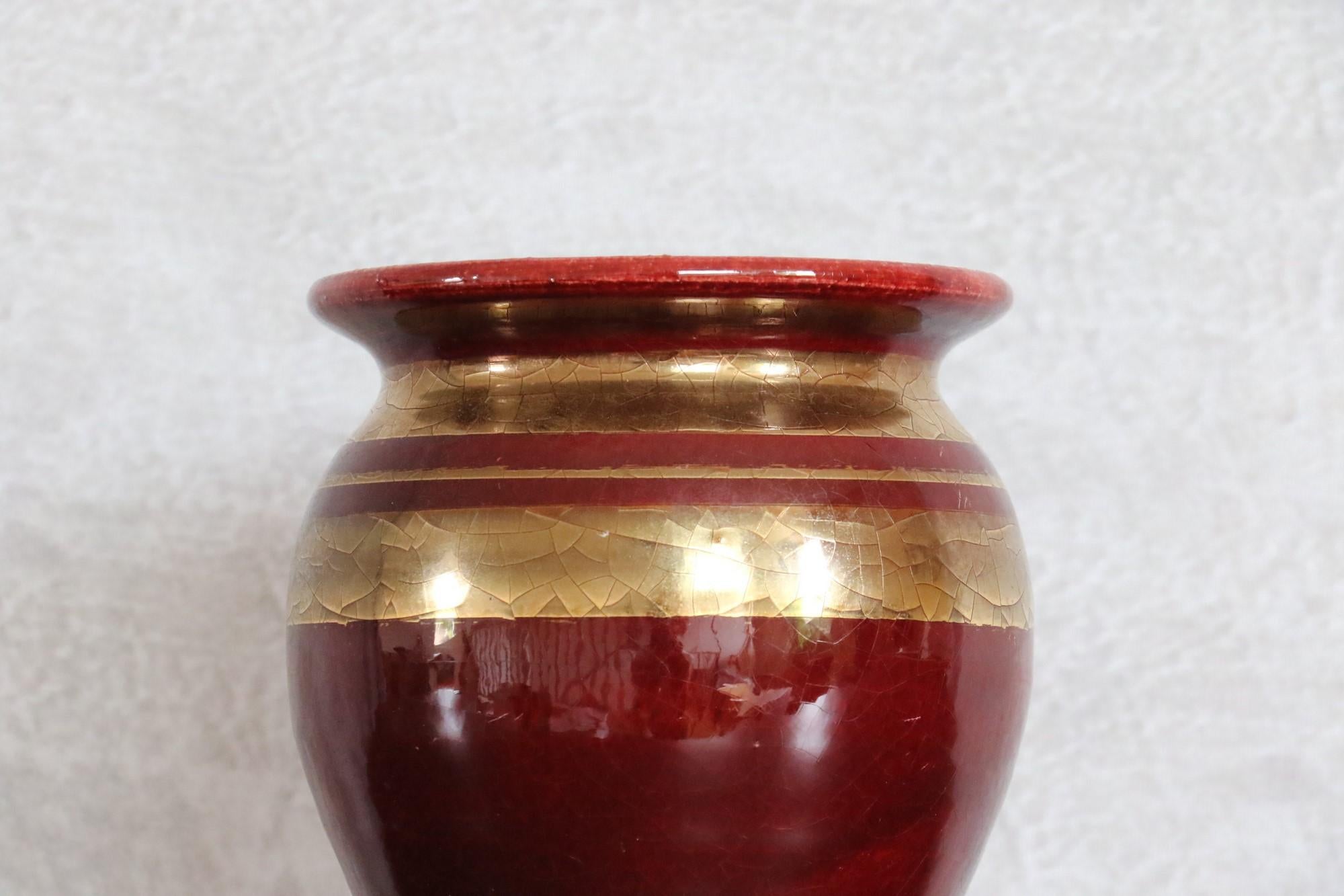 Enameled French Ceramic Red and Golden Vase by Georges Pelletier, Signed, 1970s For Sale