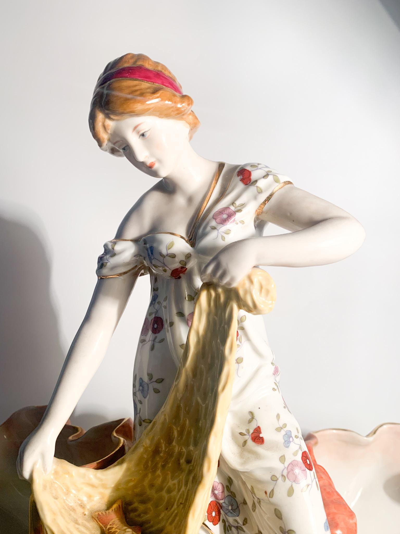 Art Deco French Ceramic Sculpture of Lady with Baskets from the 1940s For Sale