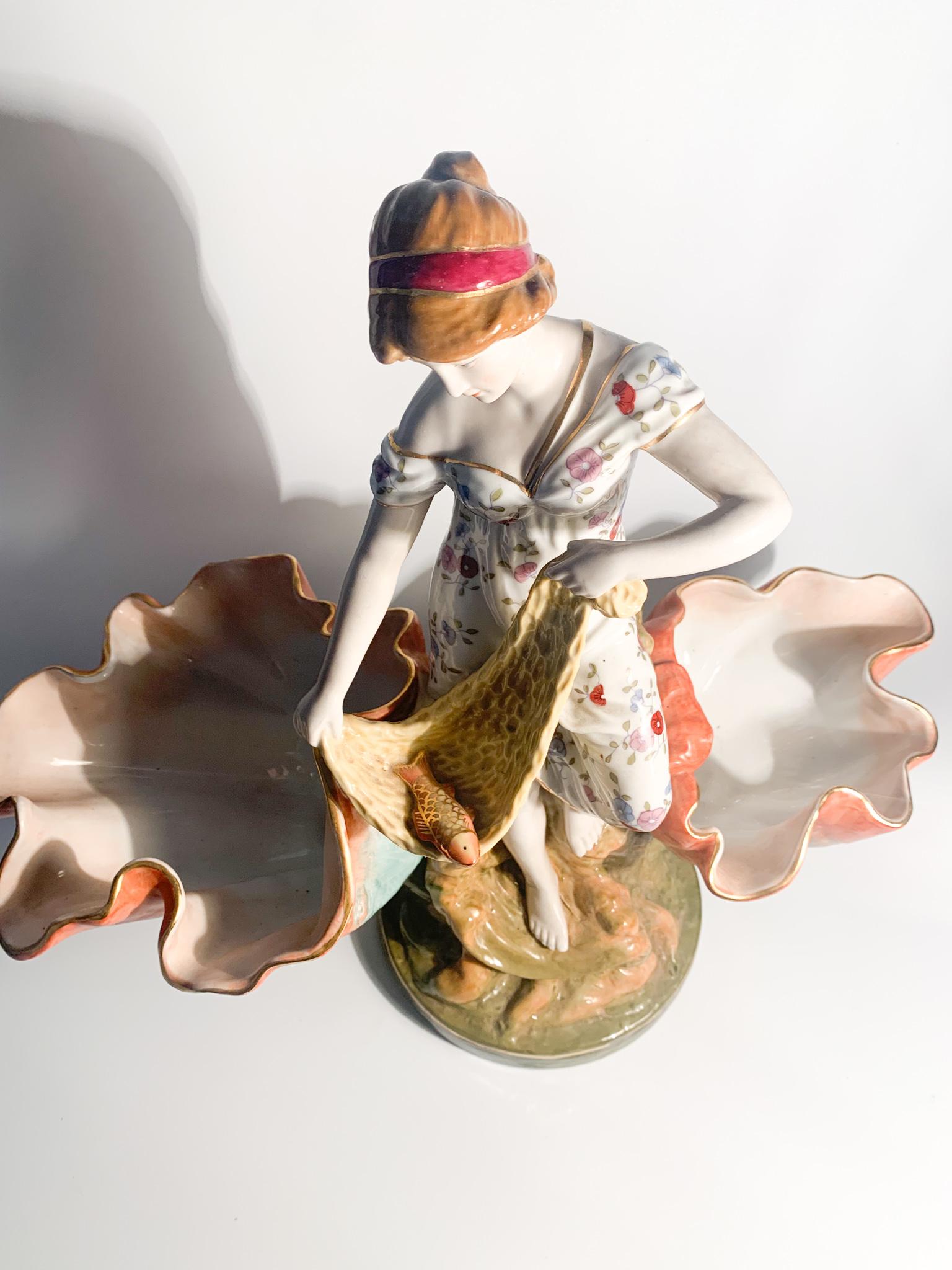 Mid-20th Century French Ceramic Sculpture of Lady with Baskets from the 1940s For Sale