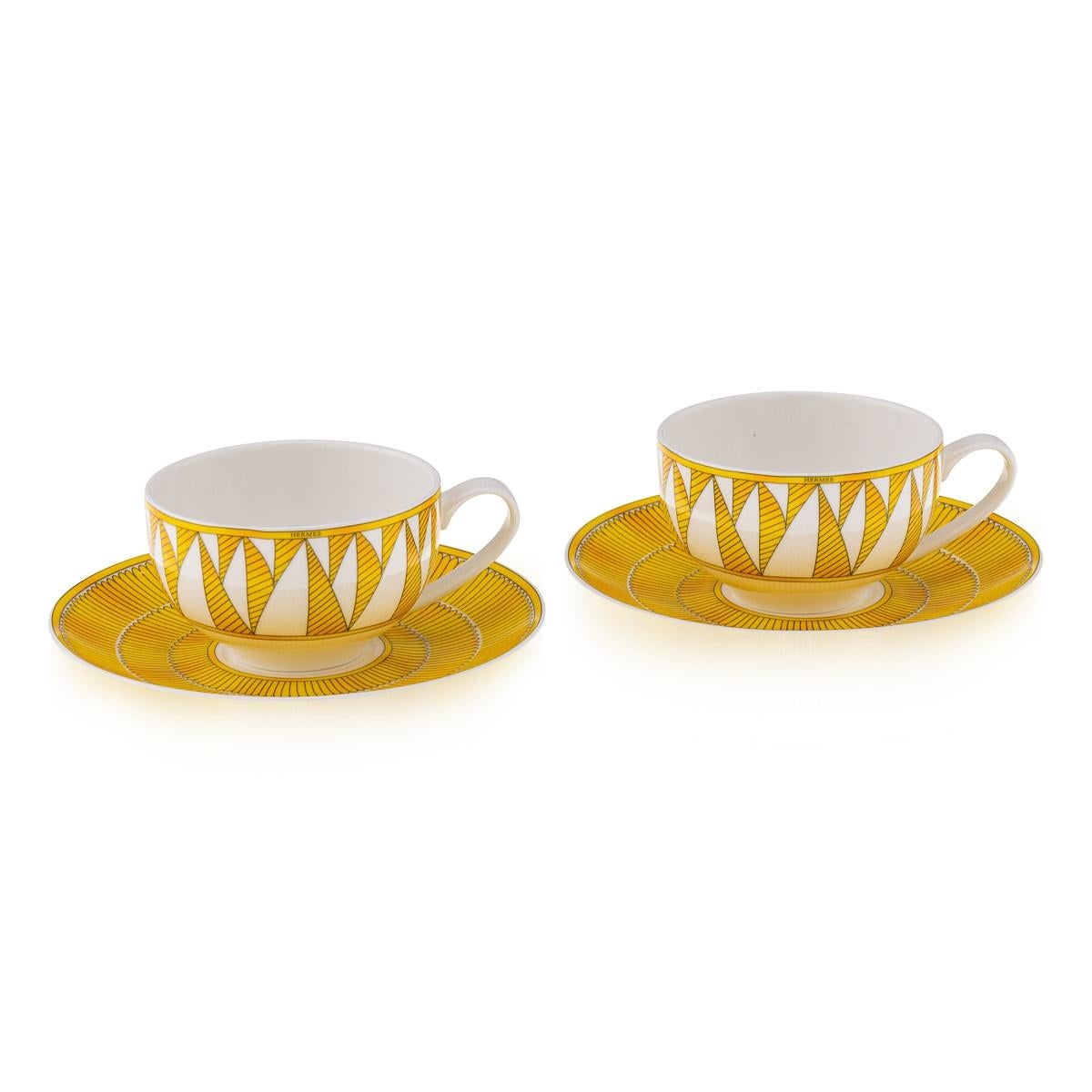 French Ceramic Soleil D'hermes Pair Of Breakfast Cups & Saucers By Hermes In Good Condition In Royal Tunbridge Wells, Kent