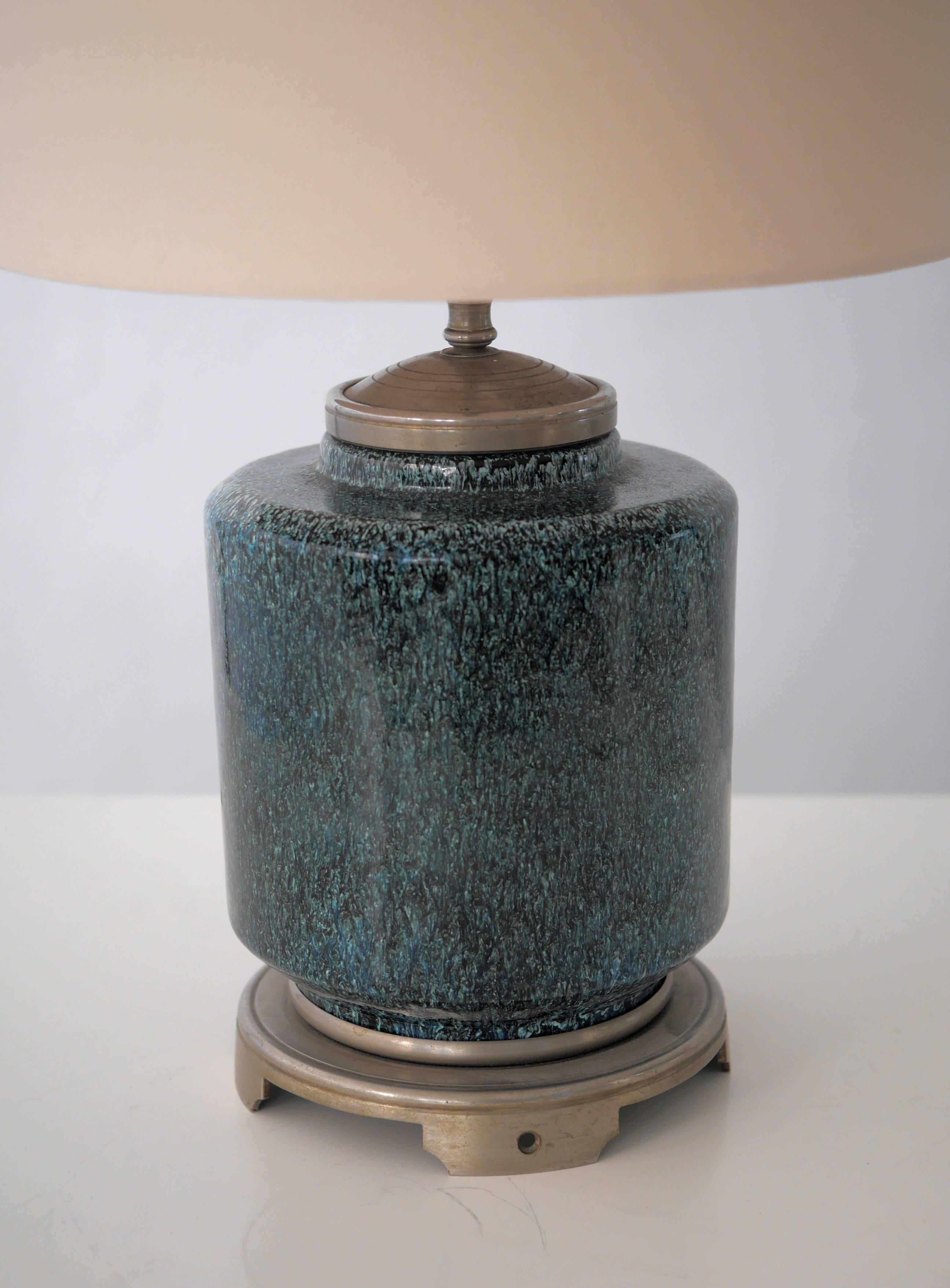 French ceramic table lamp. Marked made in France, new linen shade.