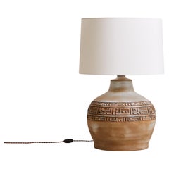 French Ceramic Table Lamp in Smoky Glaze with Geometric Relief, 1960s
