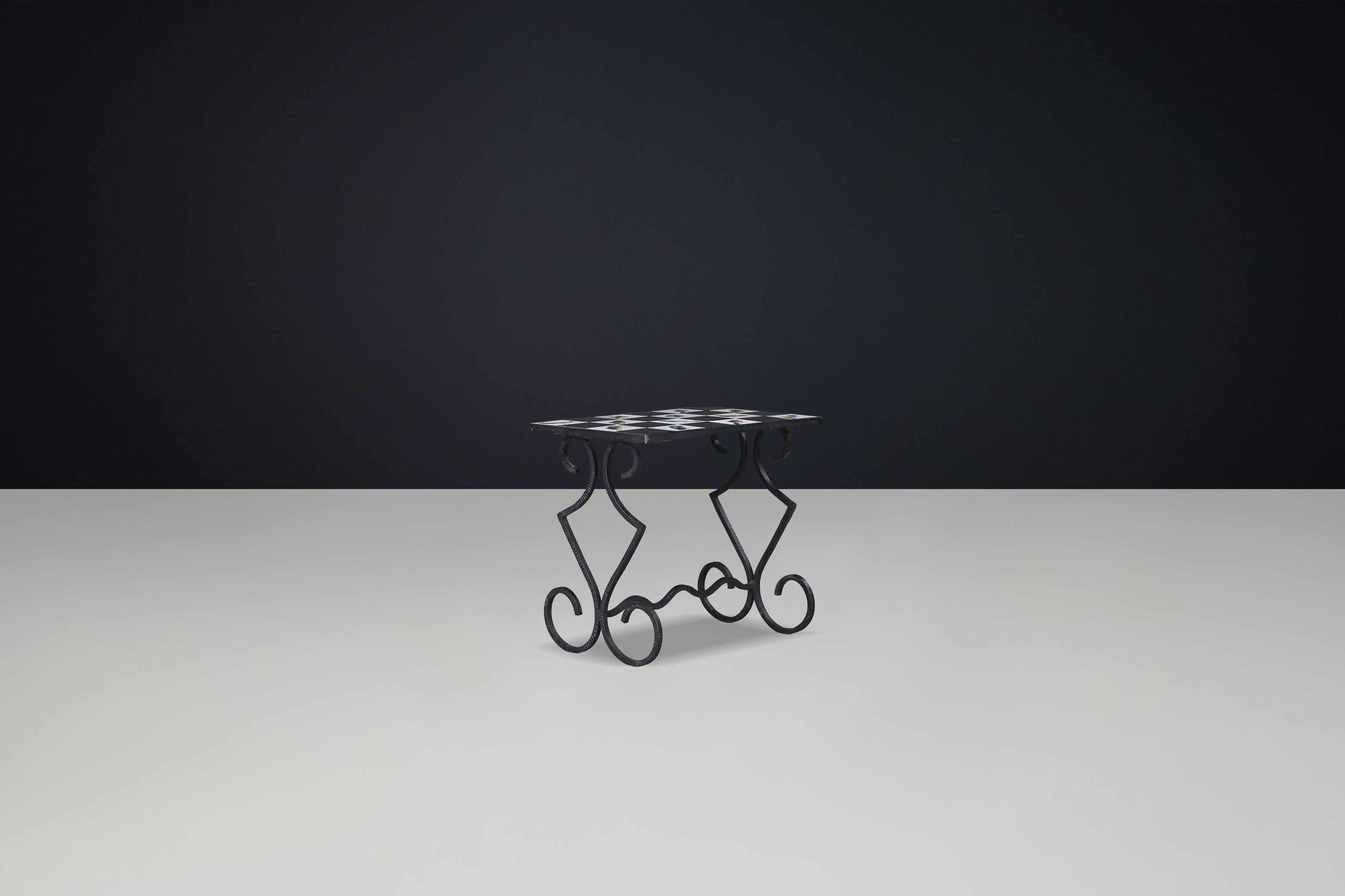 Mid-Century Modern French Ceramic Tile and Wrought Iron Table with Bird Motif, 1950s For Sale