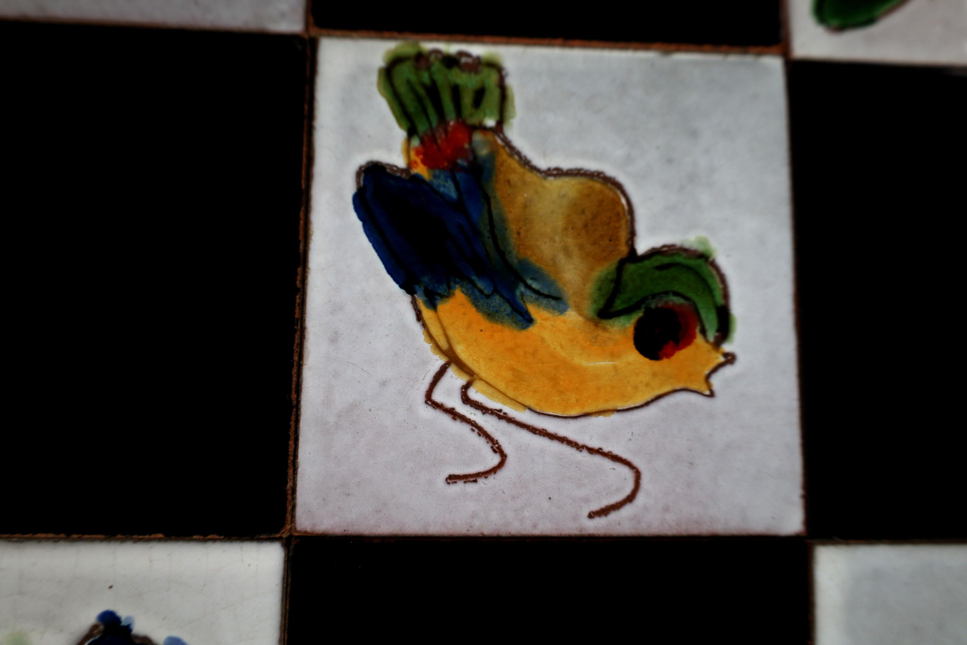 French Ceramic Tile and Wrought Iron Table with Bird Motif, 1950s For Sale 1