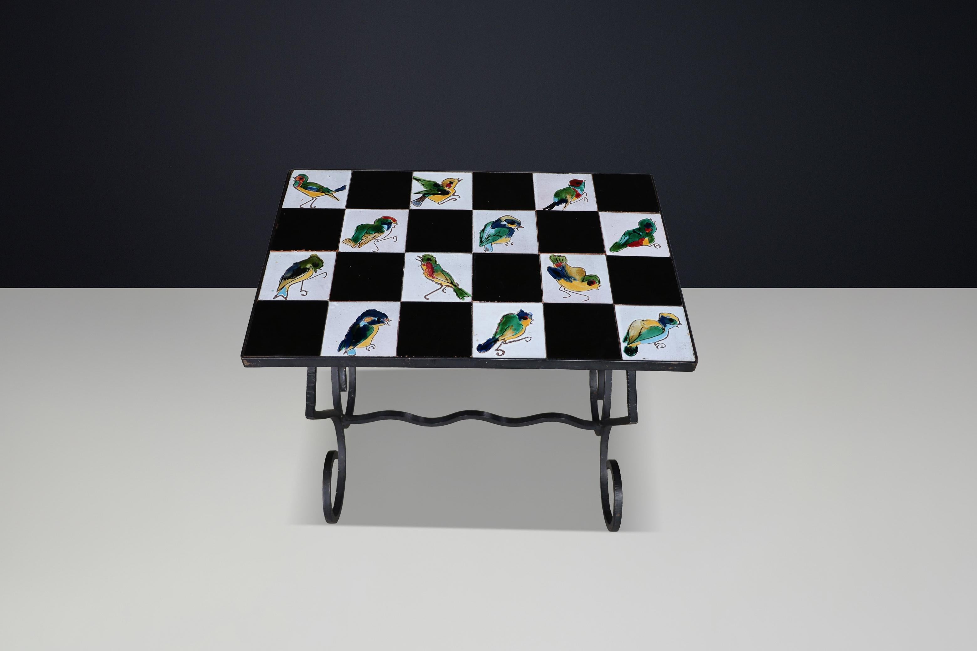French Ceramic Tile and Wrought Iron Table with Bird Motif, 1950s For Sale 2