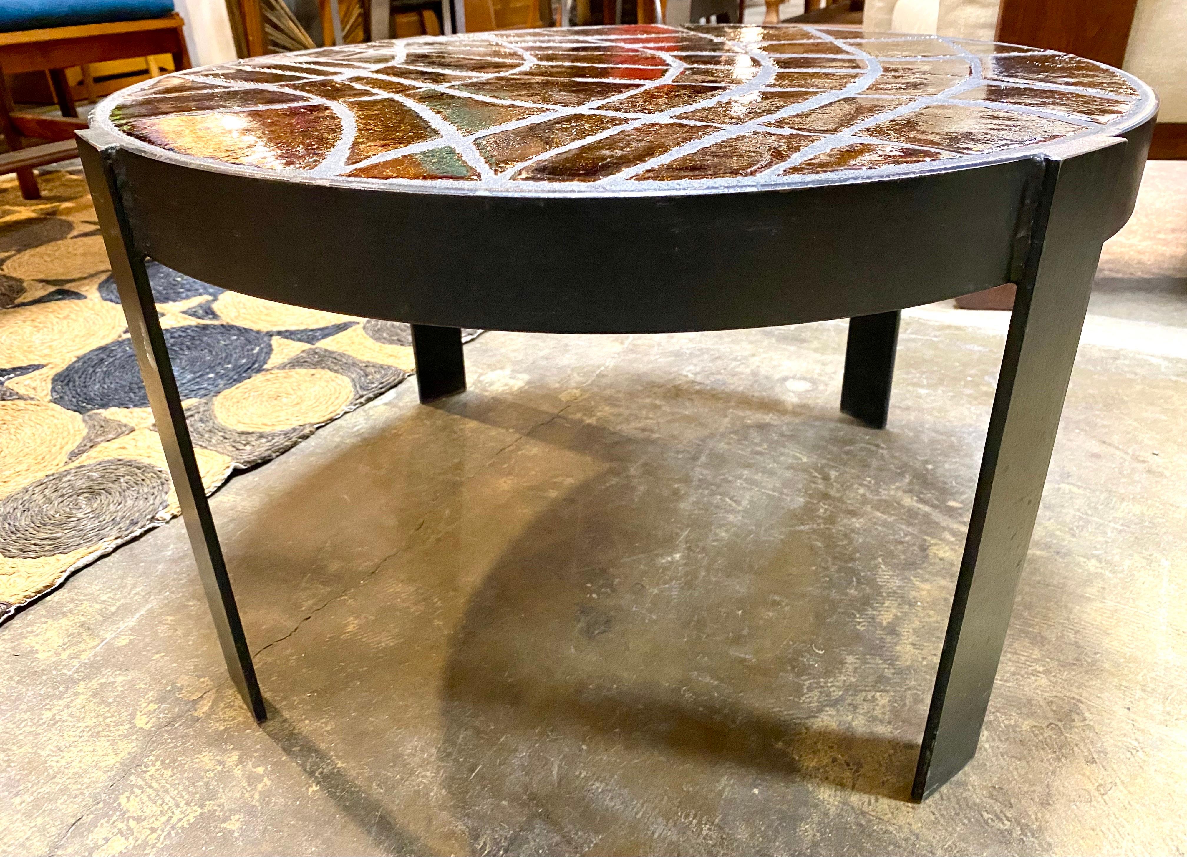 Metal French Ceramic Tile Cocktail Table In The Manner of Roger Capron For Sale