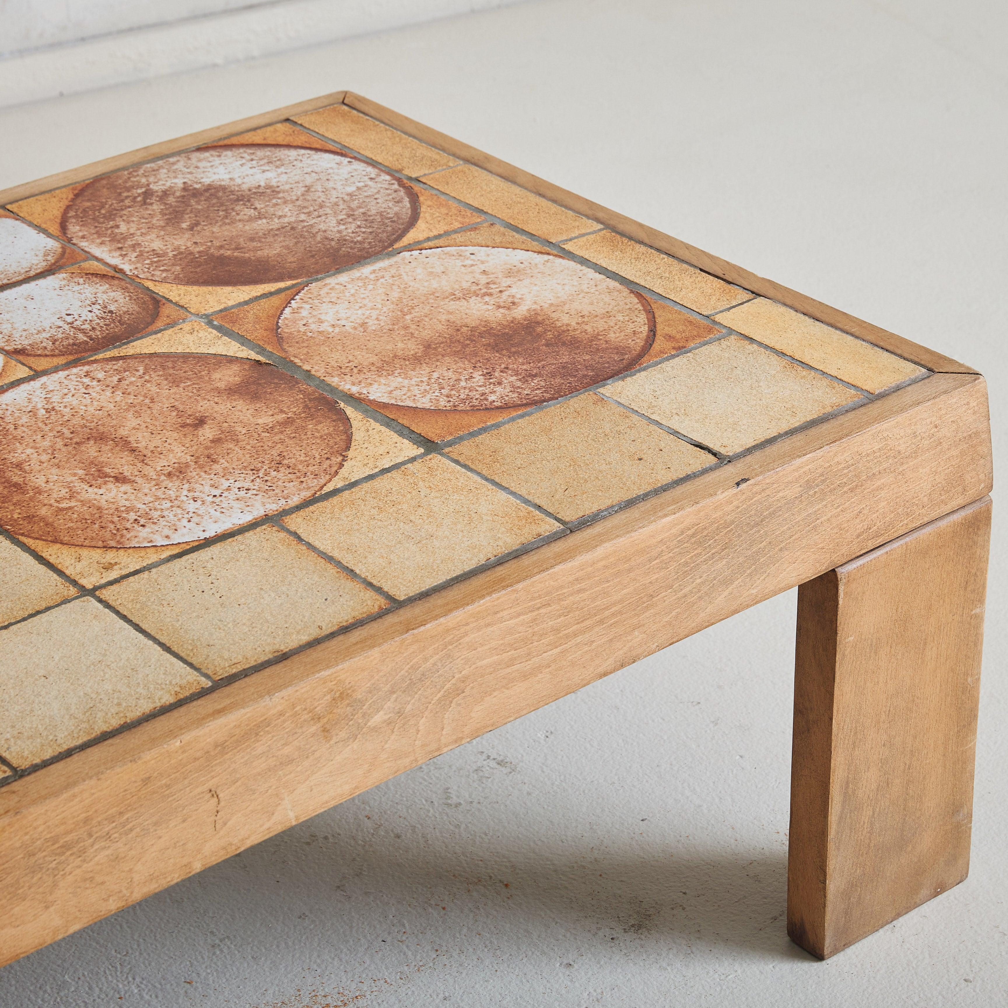French Ceramic Tile Coffee Table with Light Wood Finish, 1950s 5