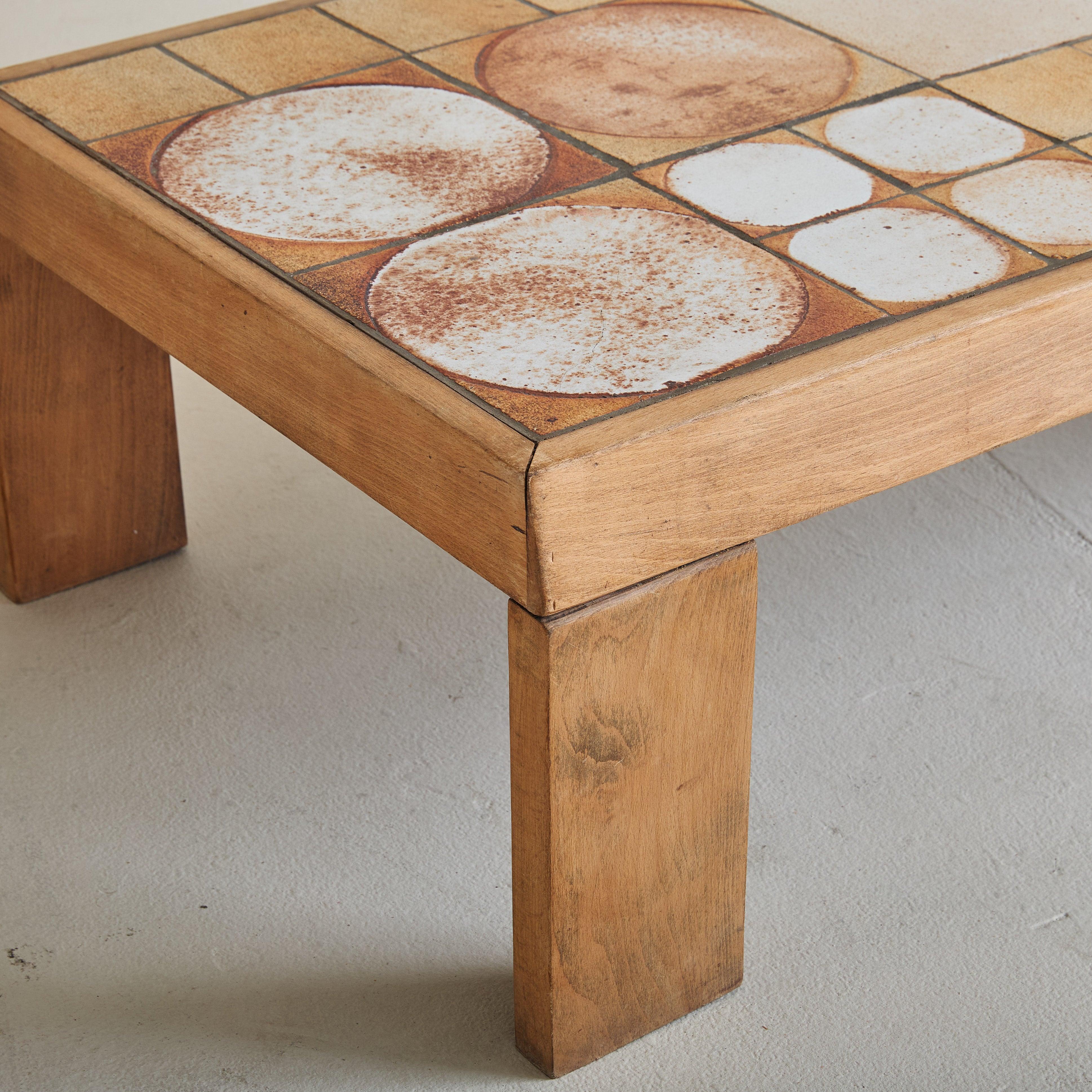 French Ceramic Tile Coffee Table with Light Wood Finish, 1950s 6