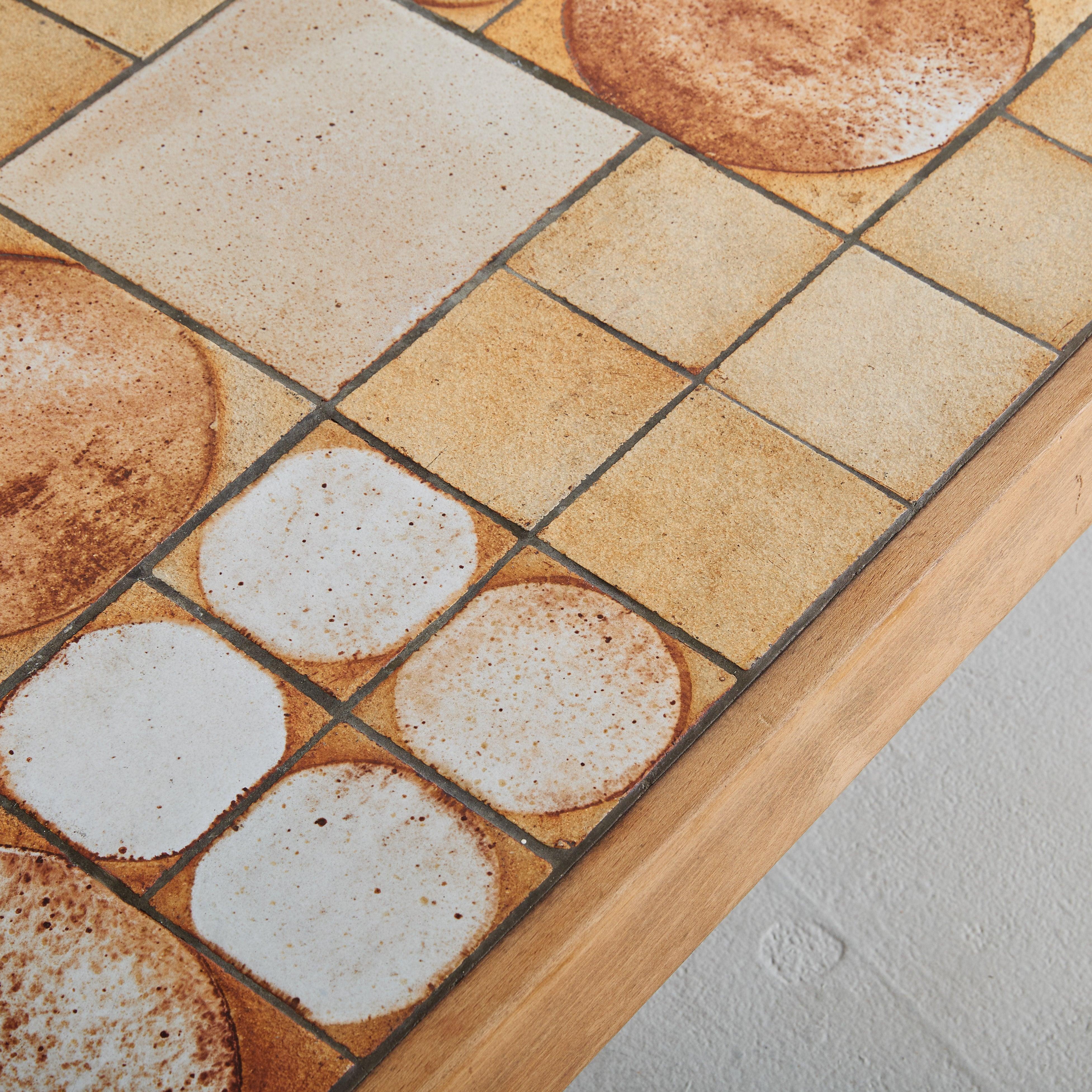 Mid-20th Century French Ceramic Tile Coffee Table with Light Wood Finish, 1950s