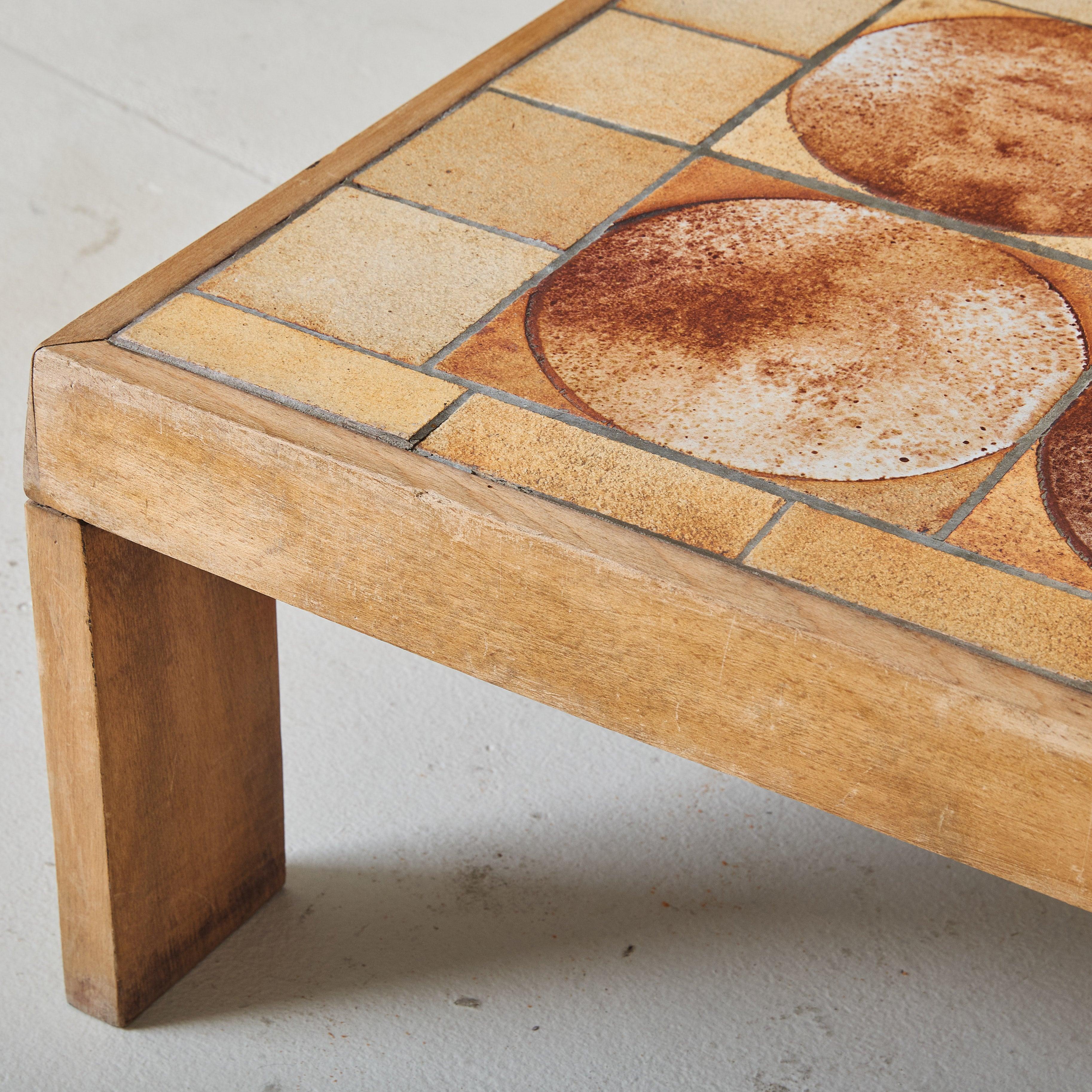 French Ceramic Tile Coffee Table with Light Wood Finish, 1950s 1