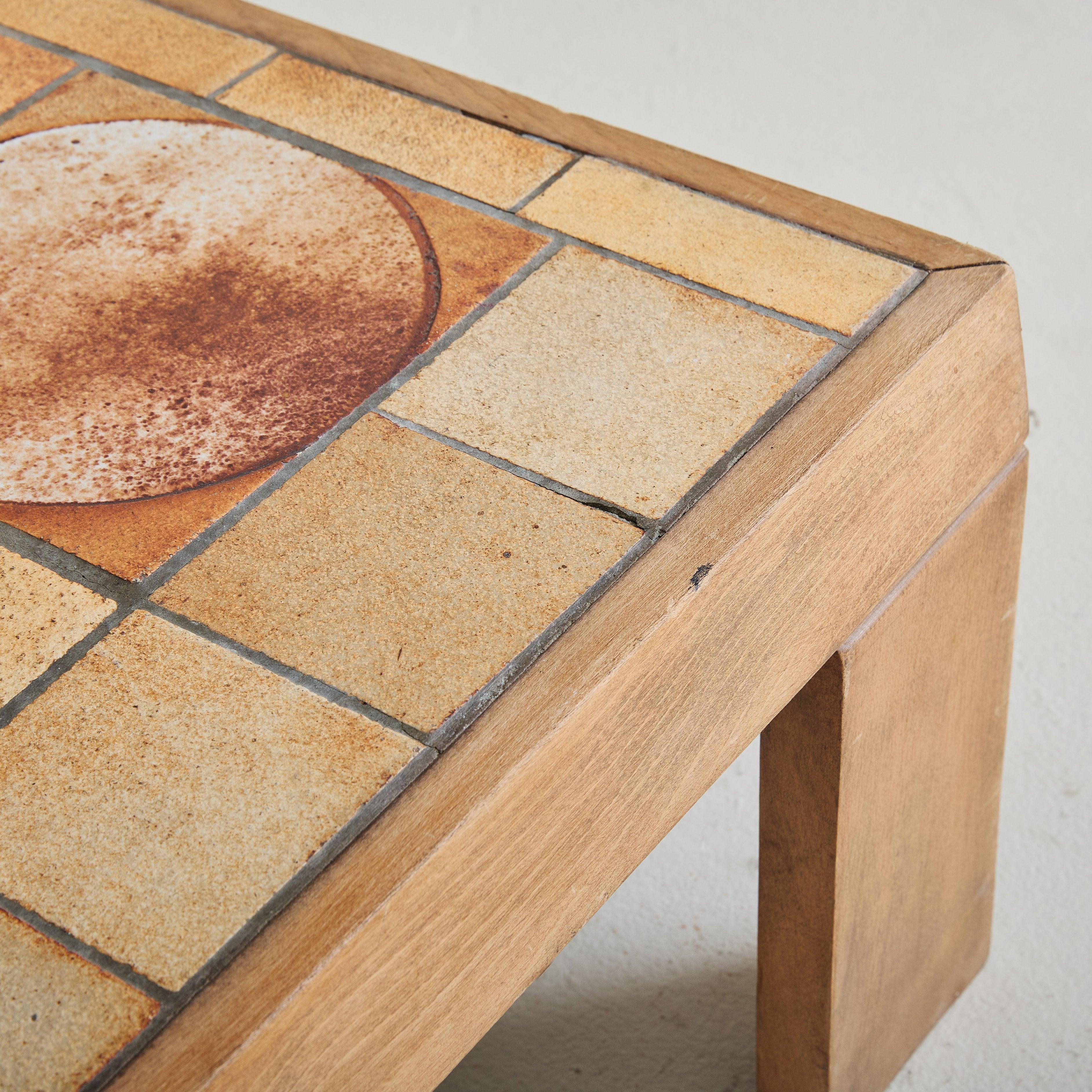 French Ceramic Tile Coffee Table with Light Wood Finish, 1950s 2