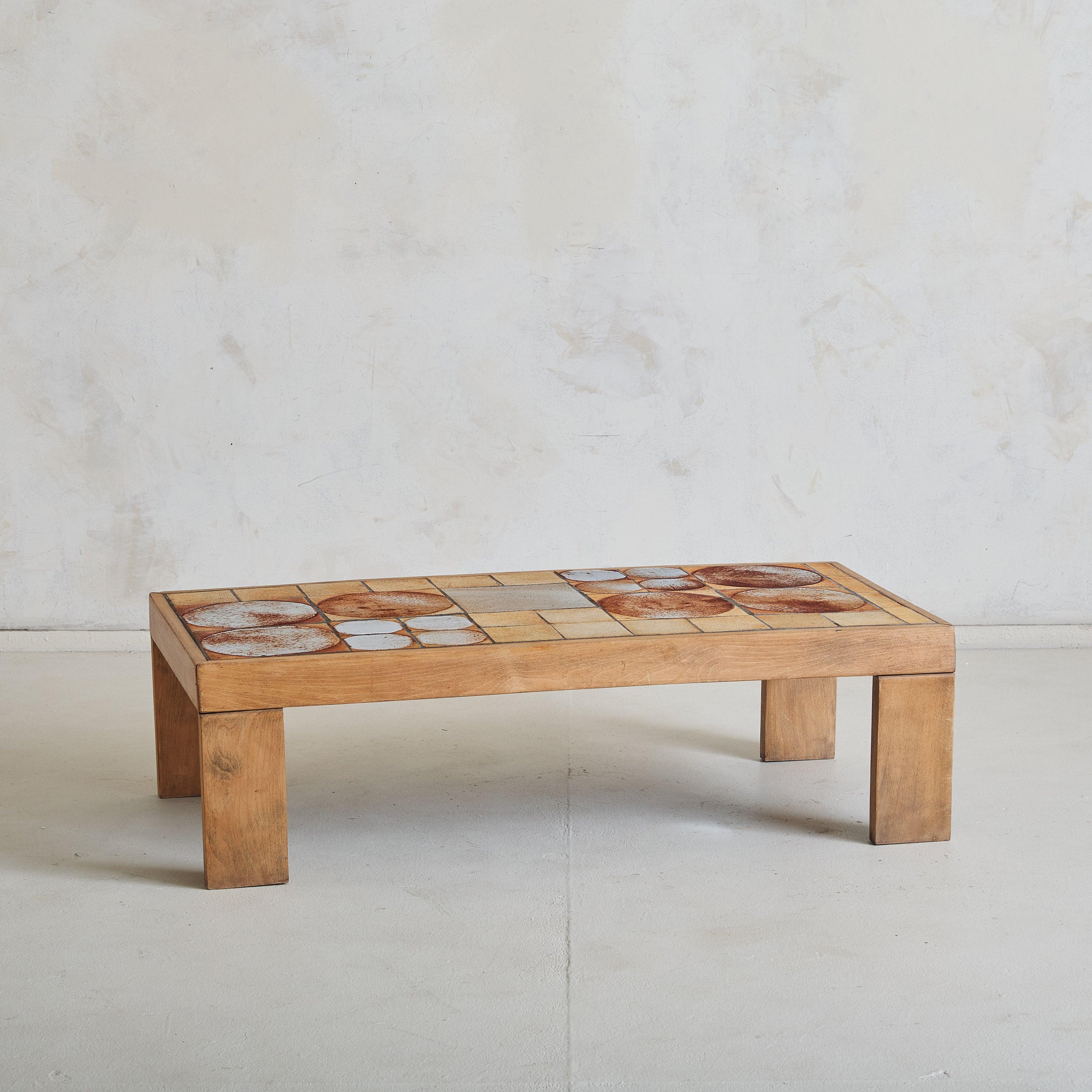 French Ceramic Tile Coffee Table with Light Wood Finish, 1950s 3
