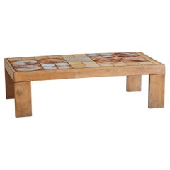 French Ceramic Tile Coffee Table with Light Wood Finish, 1950s