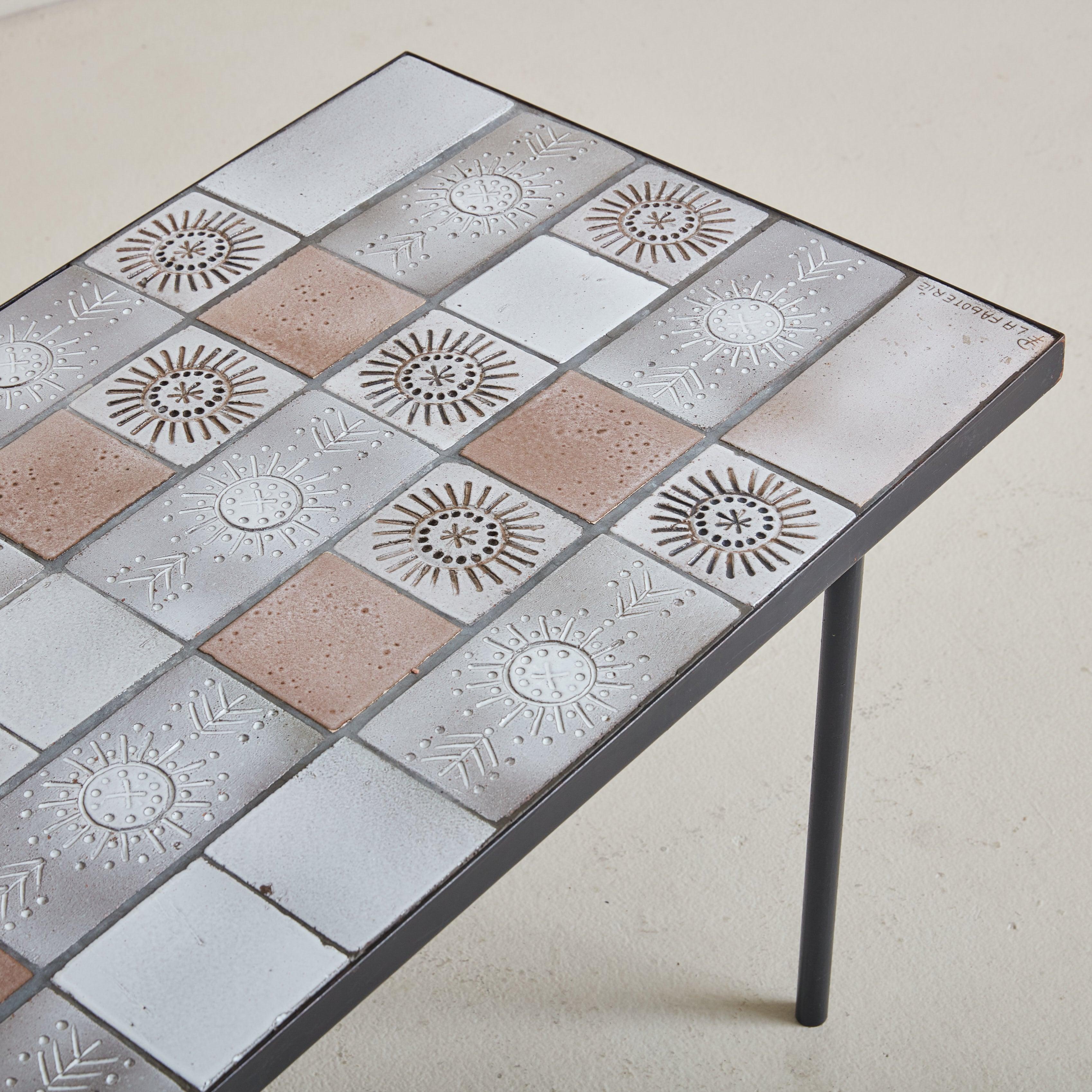 Mid-Century Modern French Ceramic Tile Coffee Table with Sun Motifs Signed La Faboterie, 1960s