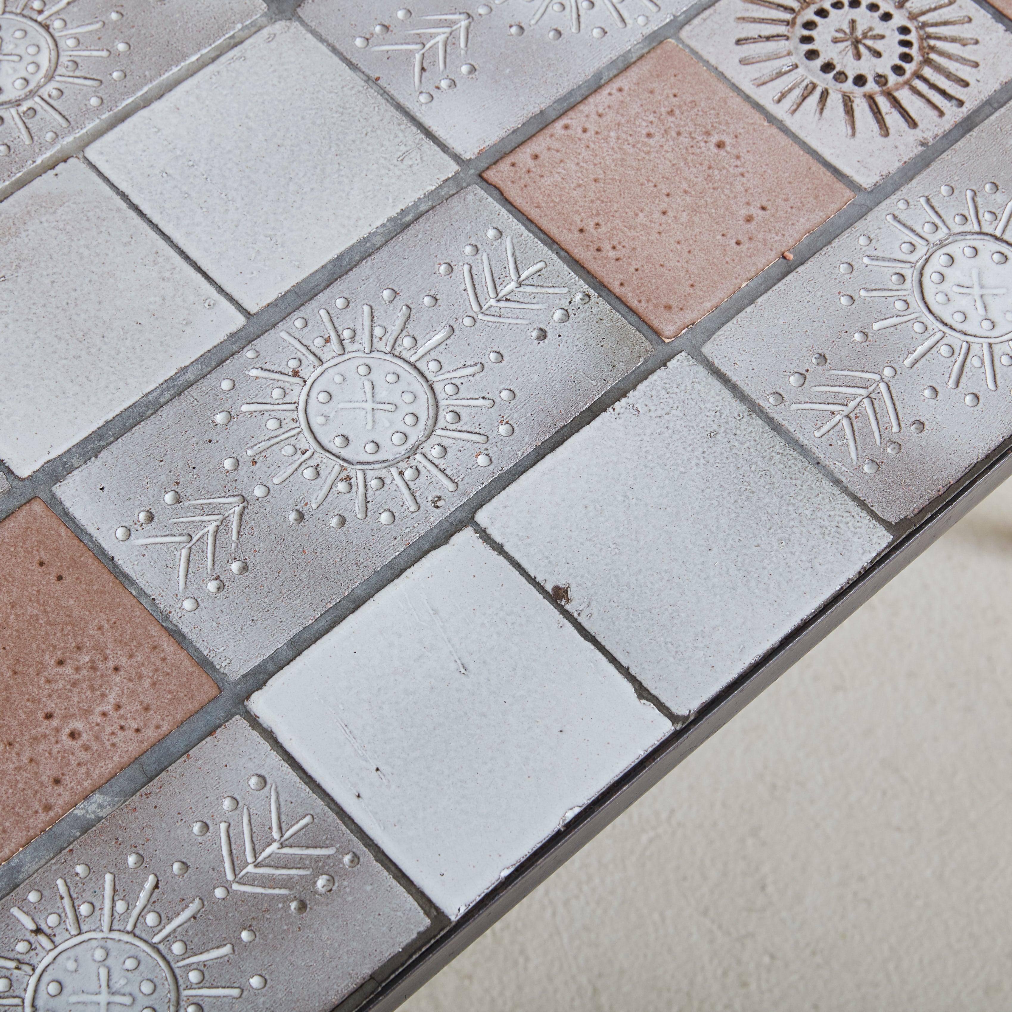 French Ceramic Tile Coffee Table with Sun Motifs Signed La Faboterie, 1960s In Excellent Condition In Chicago, IL