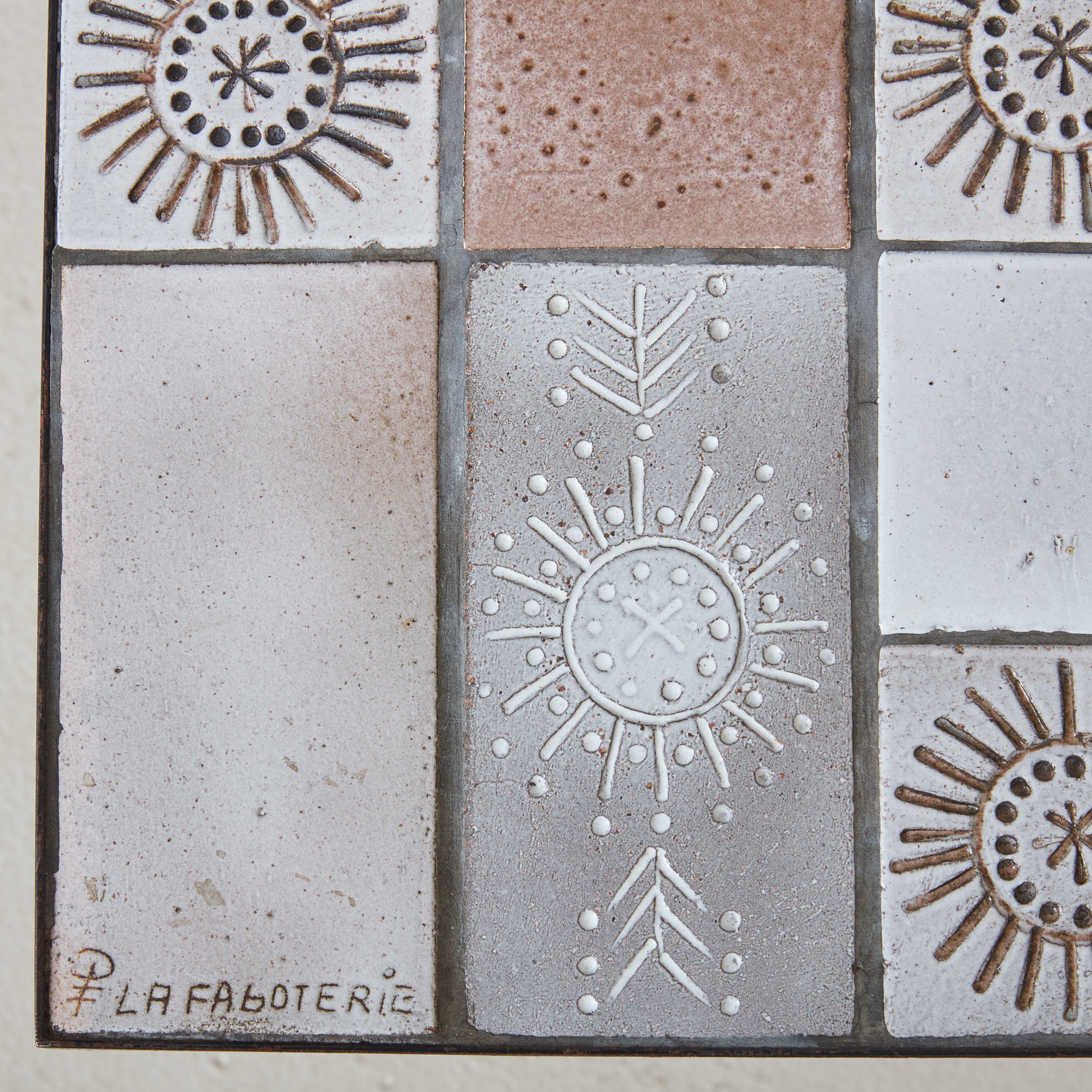 Mid-20th Century French Ceramic Tile Coffee Table with Sun Motifs Signed La Faboterie, 1960s