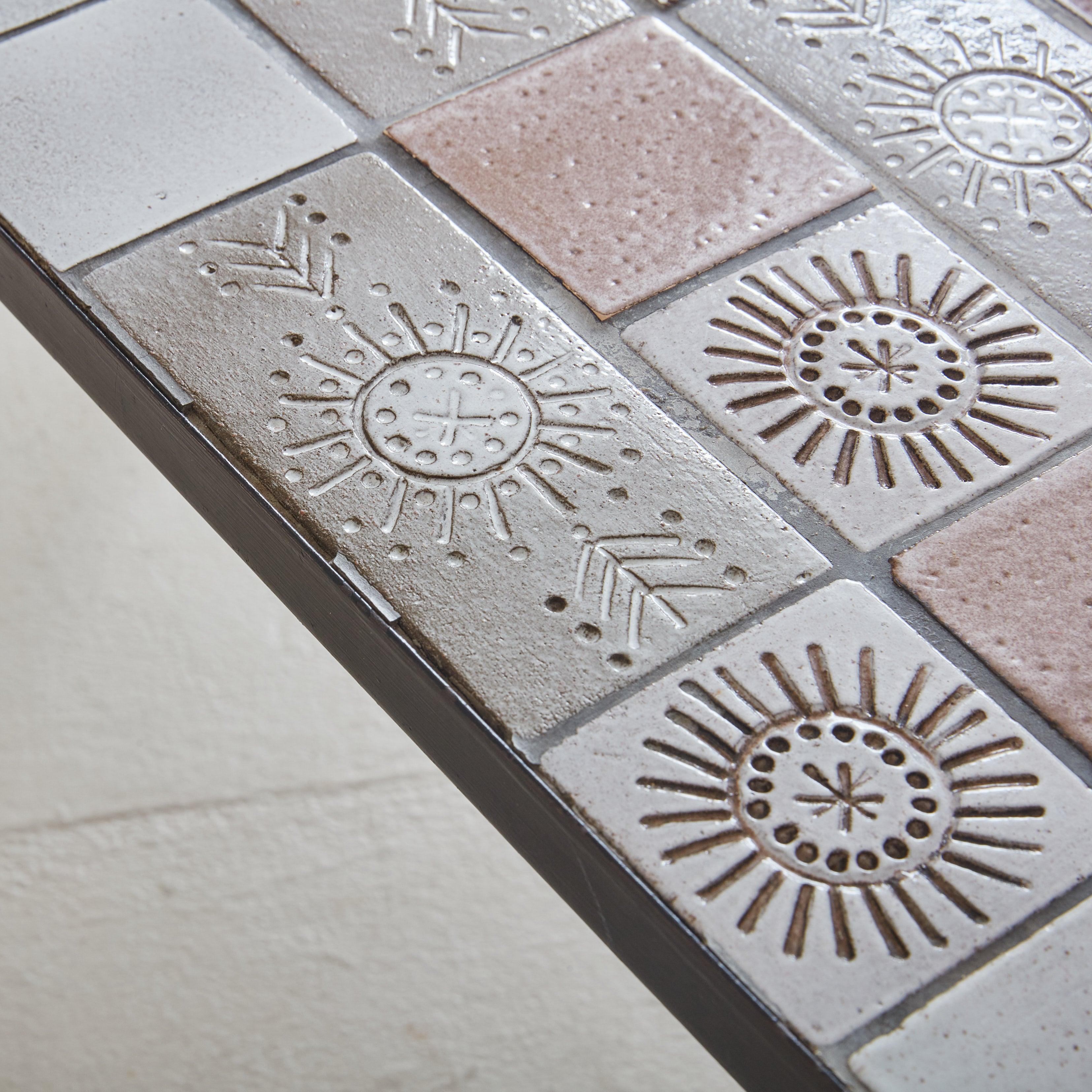 Metal French Ceramic Tile Coffee Table with Sun Motifs Signed La Faboterie, 1960s
