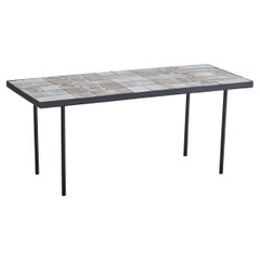 French Ceramic Tile Coffee Table with Sun Motifs Signed La Faboterie, 1960s