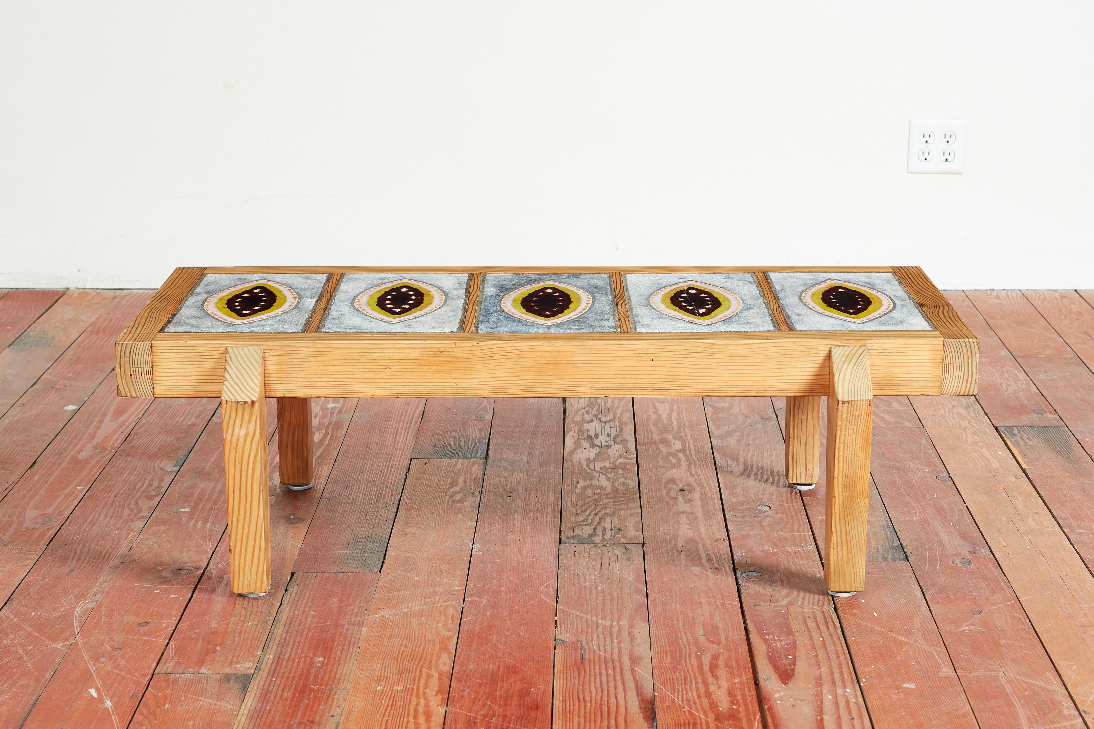 1950s French Ceramic tile table with oak frame and original ceramic tiles. 
Angular oak legs - 
Slight imperfection /crack in tile - barely noticeable.