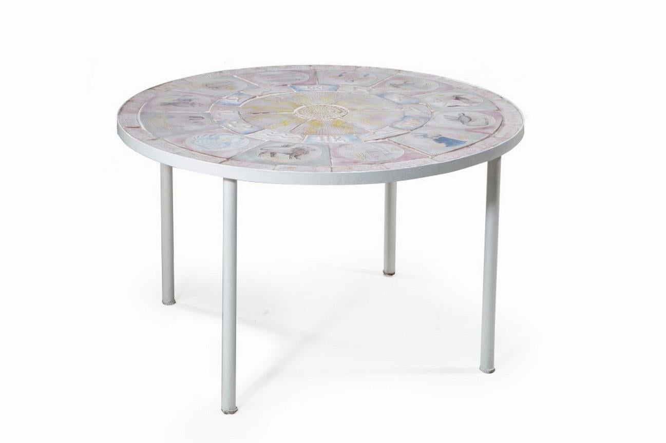 French Table with tiled top depicting the signs of the zodiac, with white lacquered metal legs.