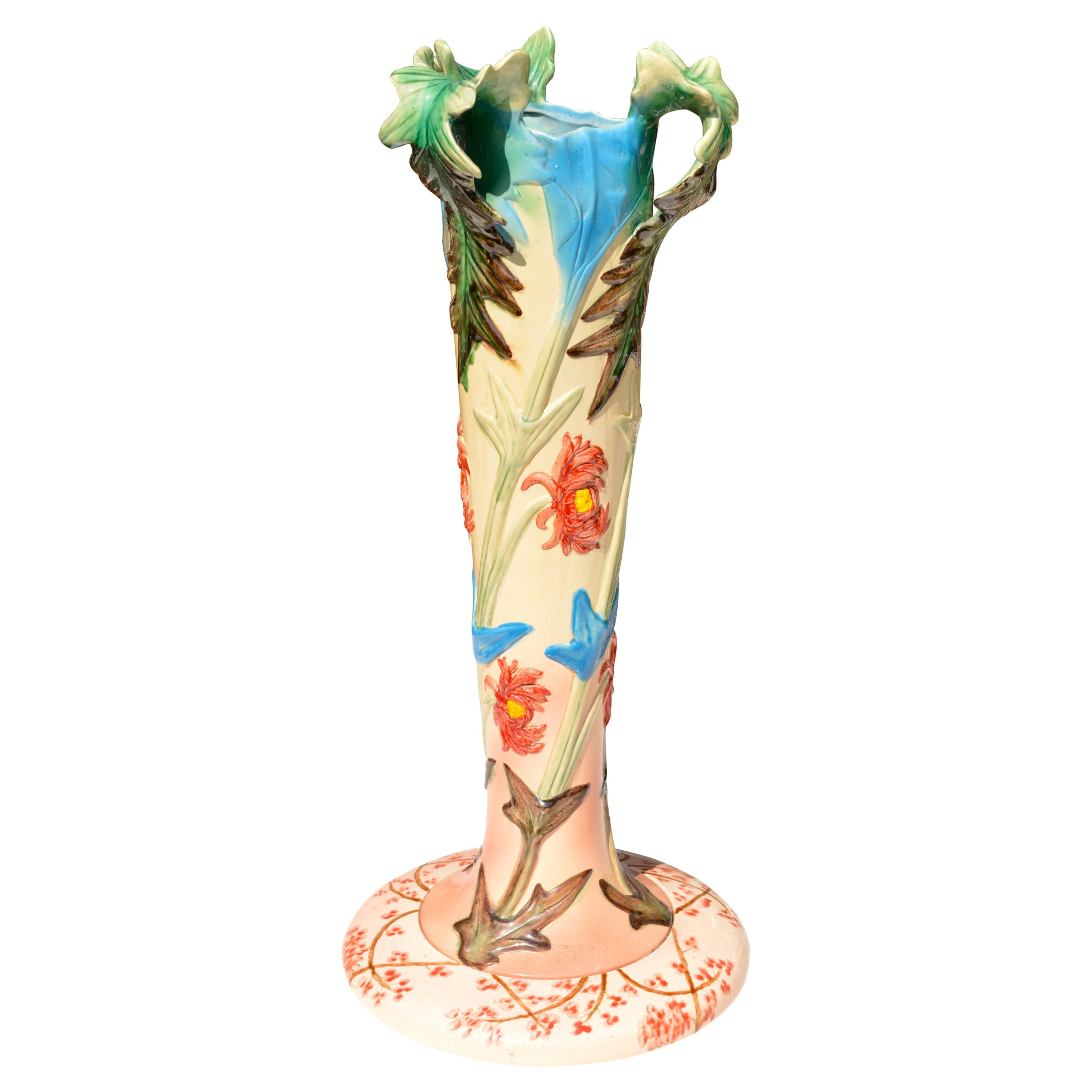 French Ceramic Vase with Flowers Motifs, circa 1900 For Sale