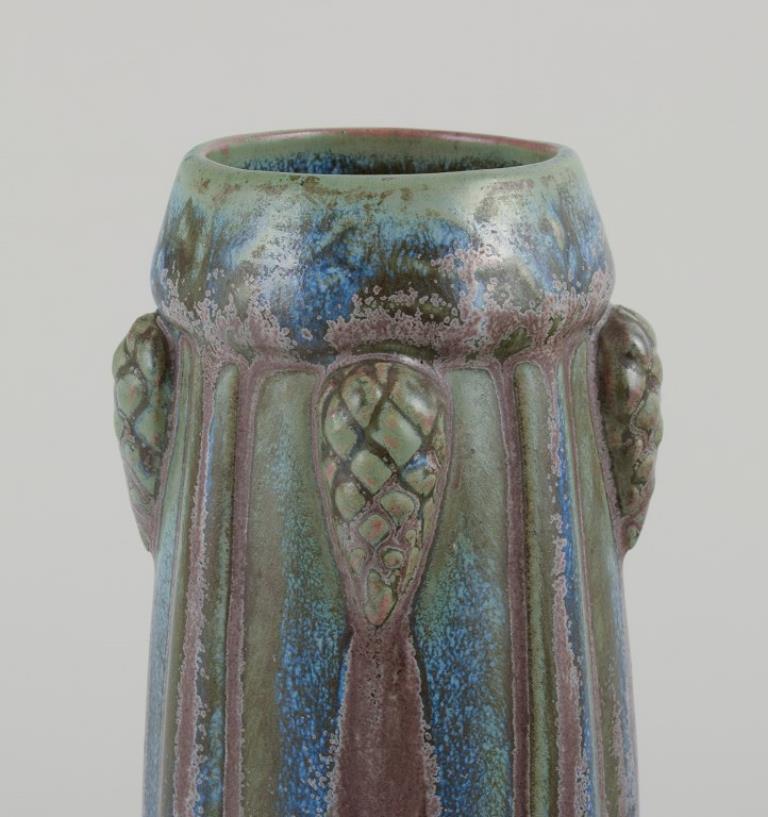 Glazed French ceramic vase with glaze in blue, green, and brown shades. 1930s/40s. For Sale