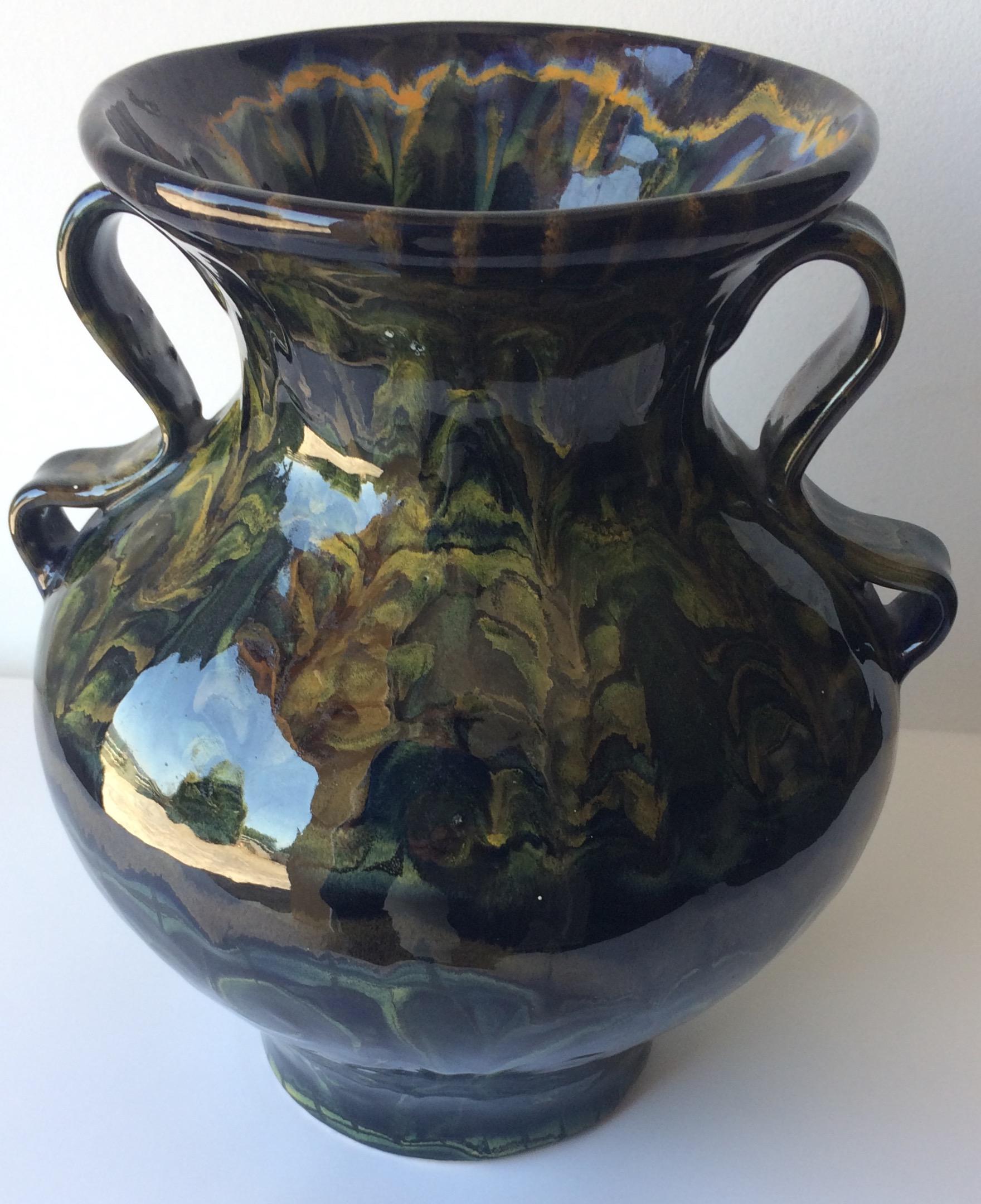 French Ceramic Vase with Handles from Quimper by Keraluc Pottery Studio In Good Condition In Miami, FL