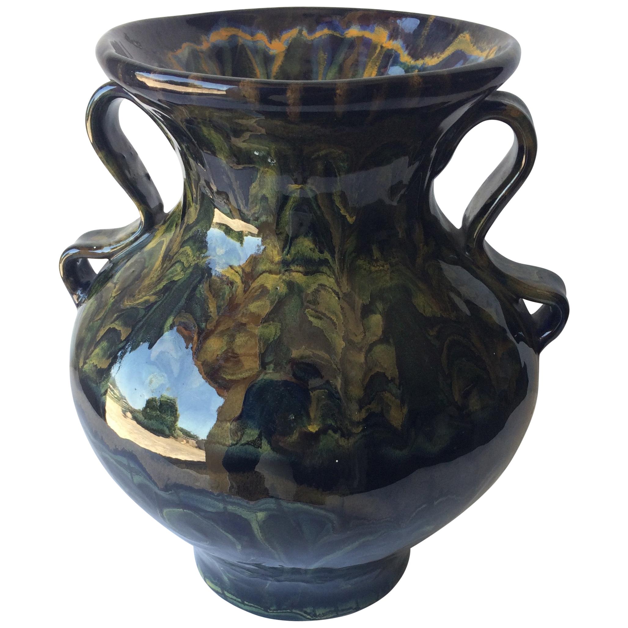 French Ceramic Vase with Handles from Quimper by Keraluc Pottery Studio