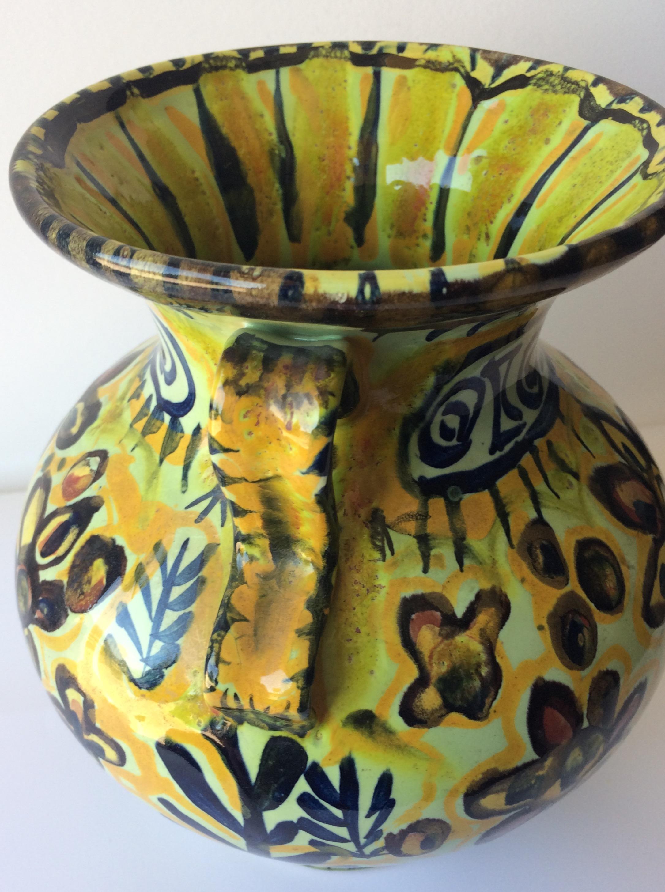 Mid-Century Modern Vase en céramique française avec poignées de Quimper, France par Keraluc Pottery Studio en vente