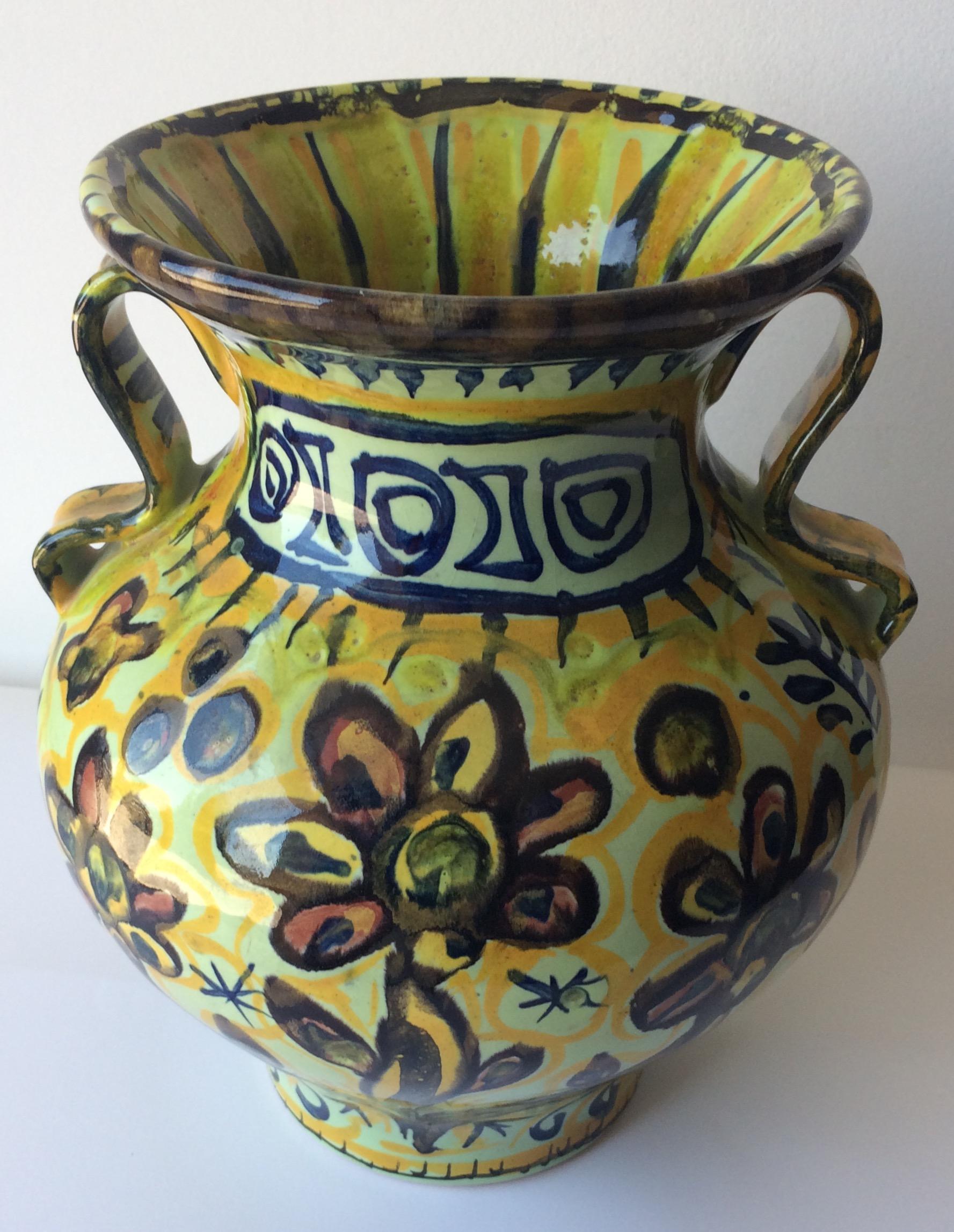 Glazed French Ceramic Vase with Handles from Quimper, France by Keraluc Pottery Studio