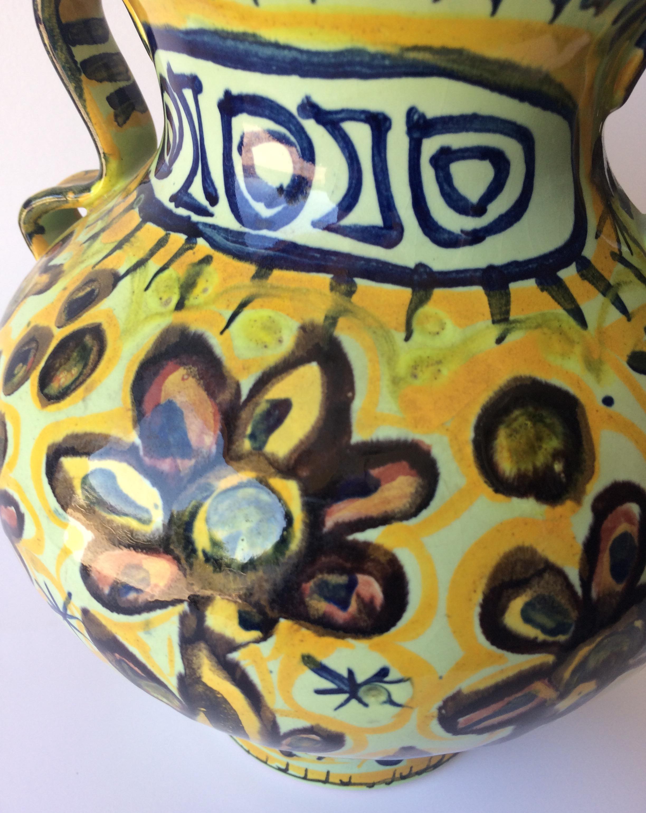 Glazed French Ceramic Vase with Handles from Quimper, France by Keraluc Pottery Studio For Sale