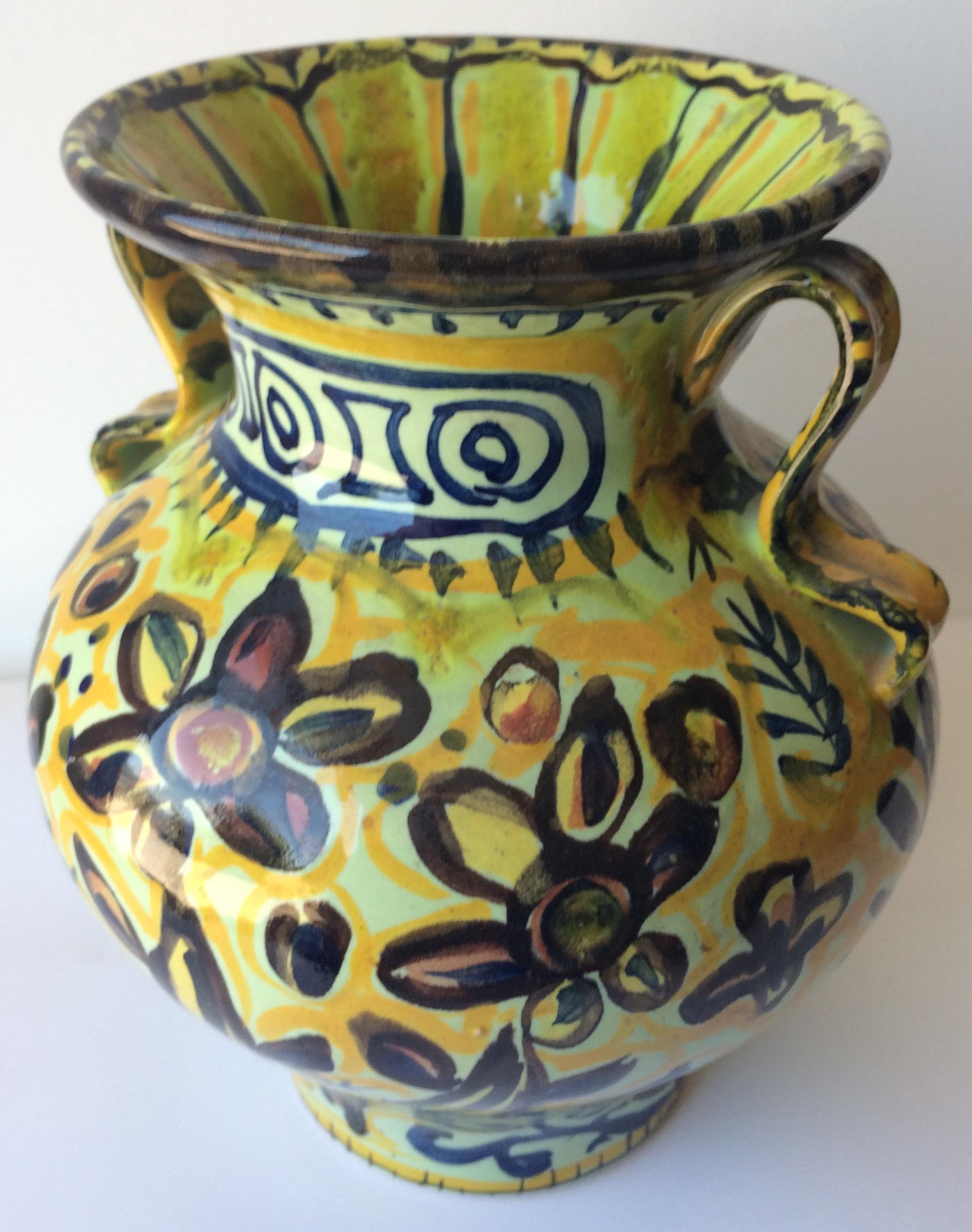 French Ceramic Vase with Handles from Quimper, France by Keraluc Pottery Studio In Good Condition For Sale In Miami, FL