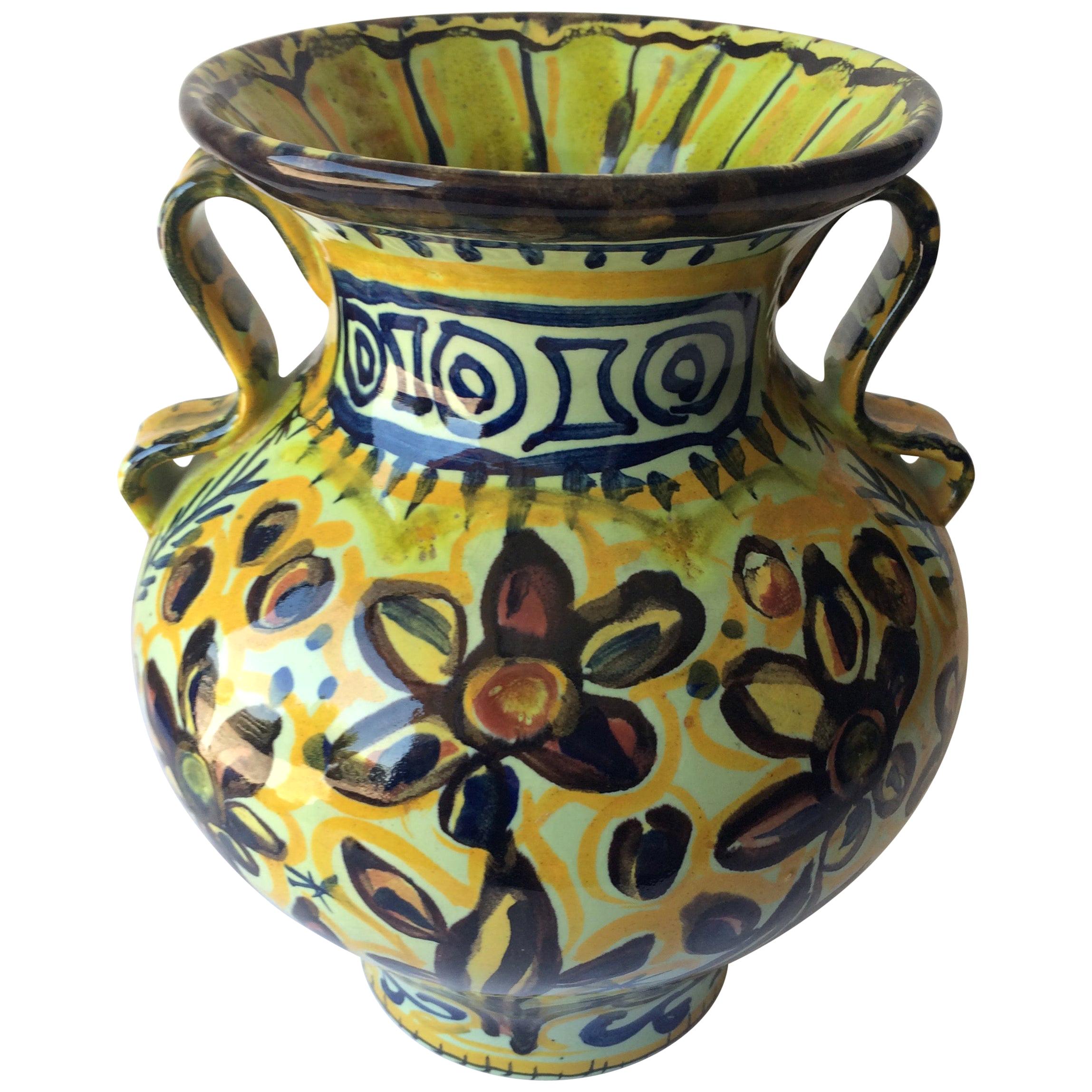 French Ceramic Vase with Handles from Quimper, France by Keraluc Pottery Studio For Sale
