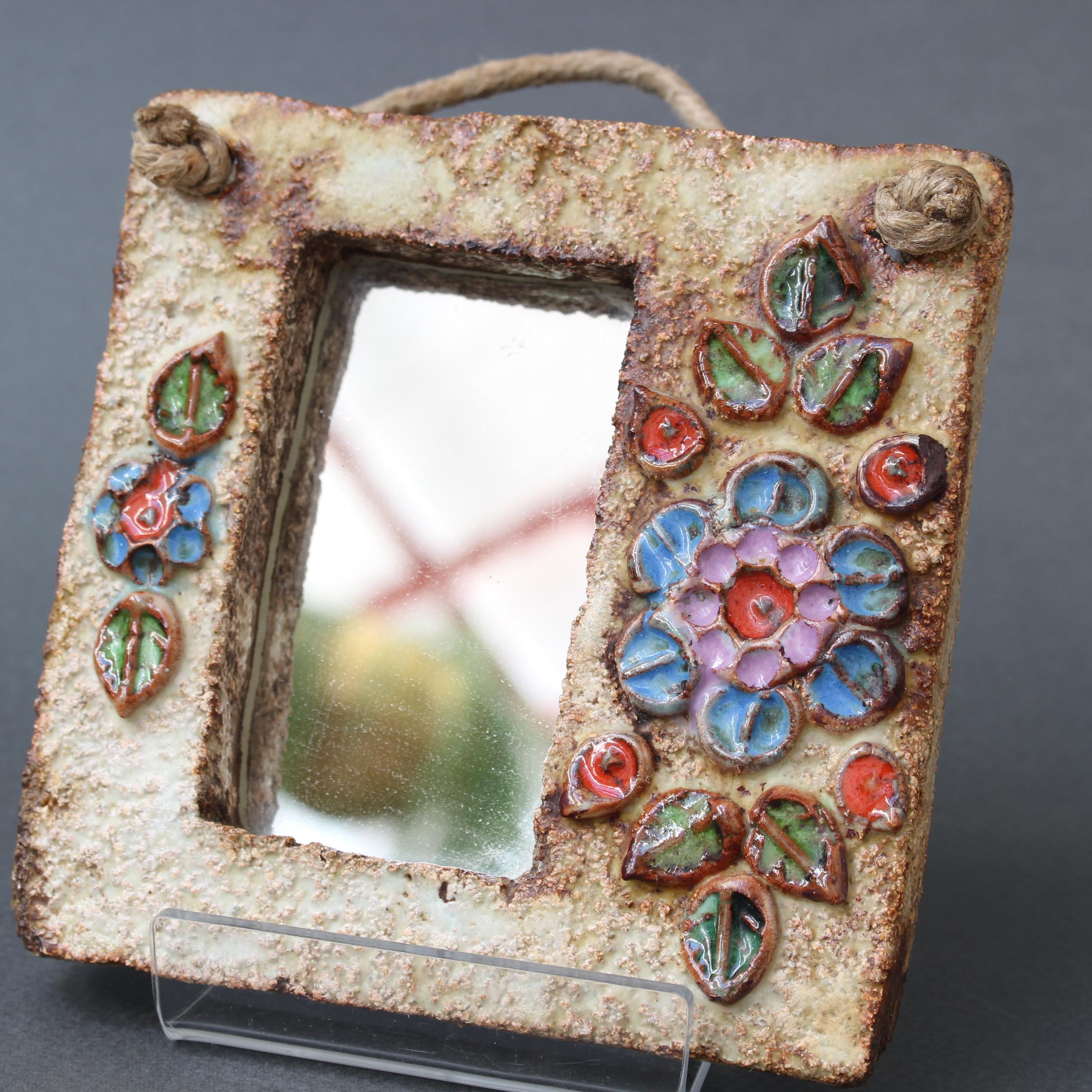 French Ceramic Wall Mirror with Flower Motif by La Roue 'circa 1960s', Small 7
