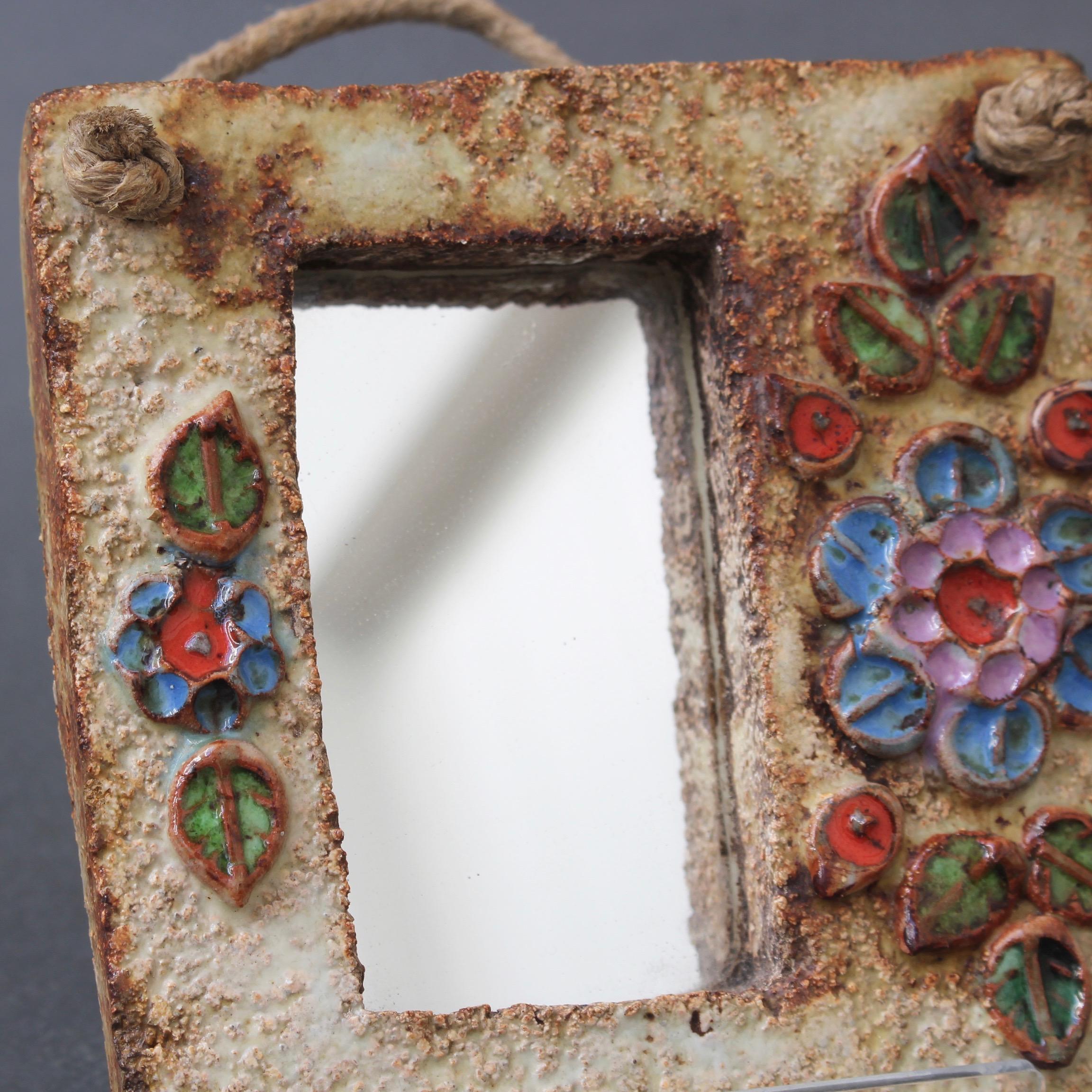 French Ceramic Wall Mirror with Flower Motif by La Roue 'circa 1960s', Small 9