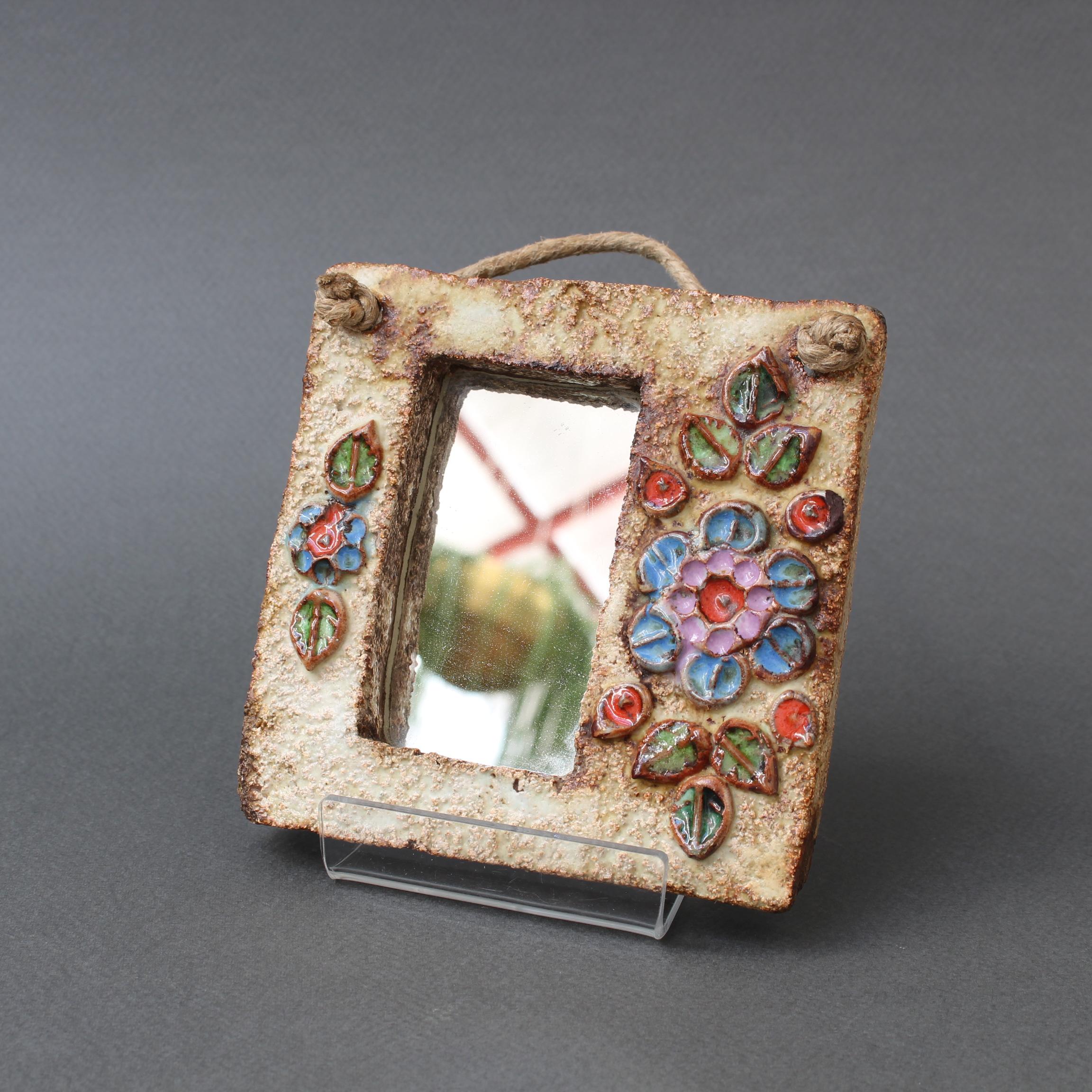 Rustic French Ceramic Wall Mirror with Flower Motif by La Roue 'circa 1960s', Small