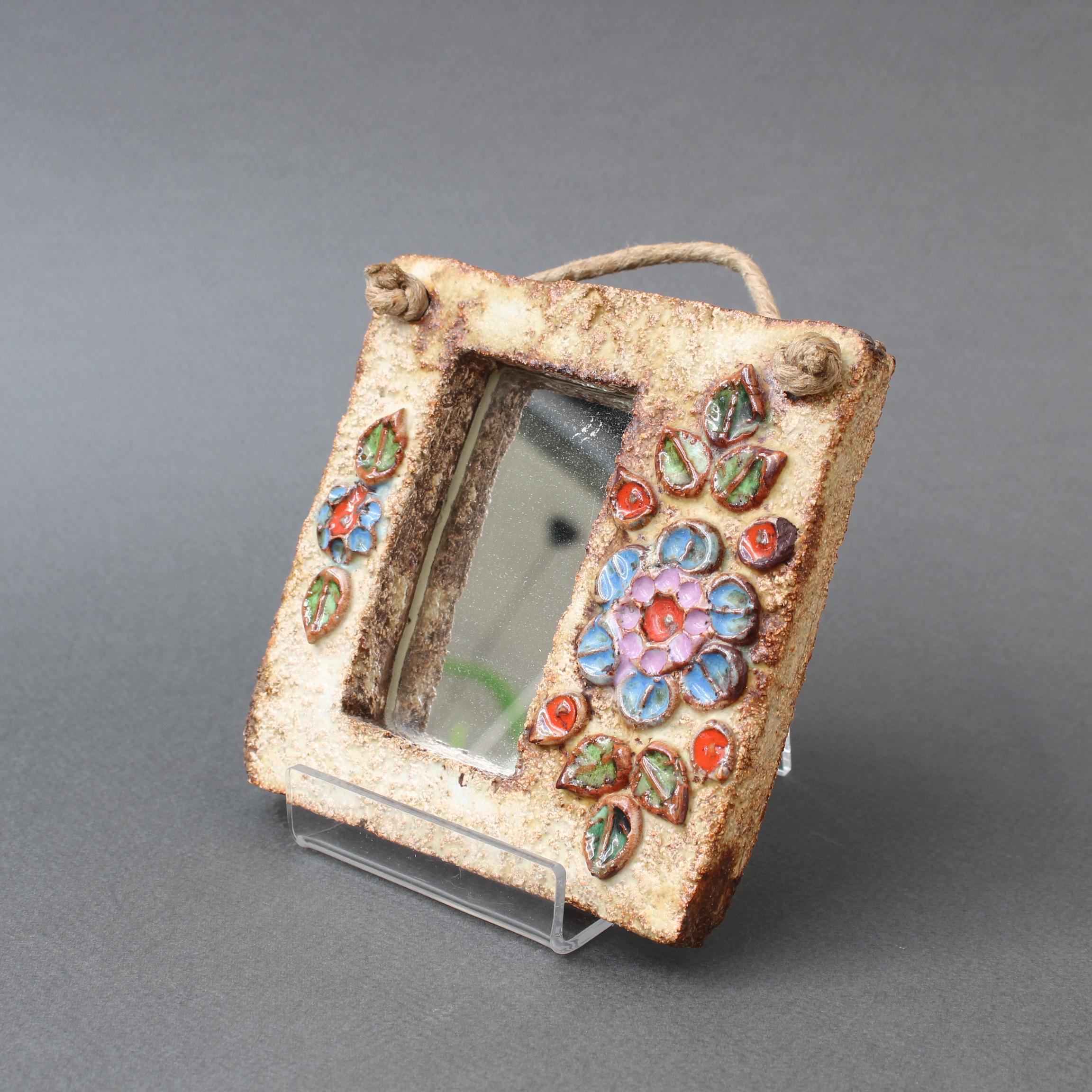 French Ceramic Wall Mirror with Flower Motif by La Roue 'circa 1960s', Small In Good Condition In London, GB