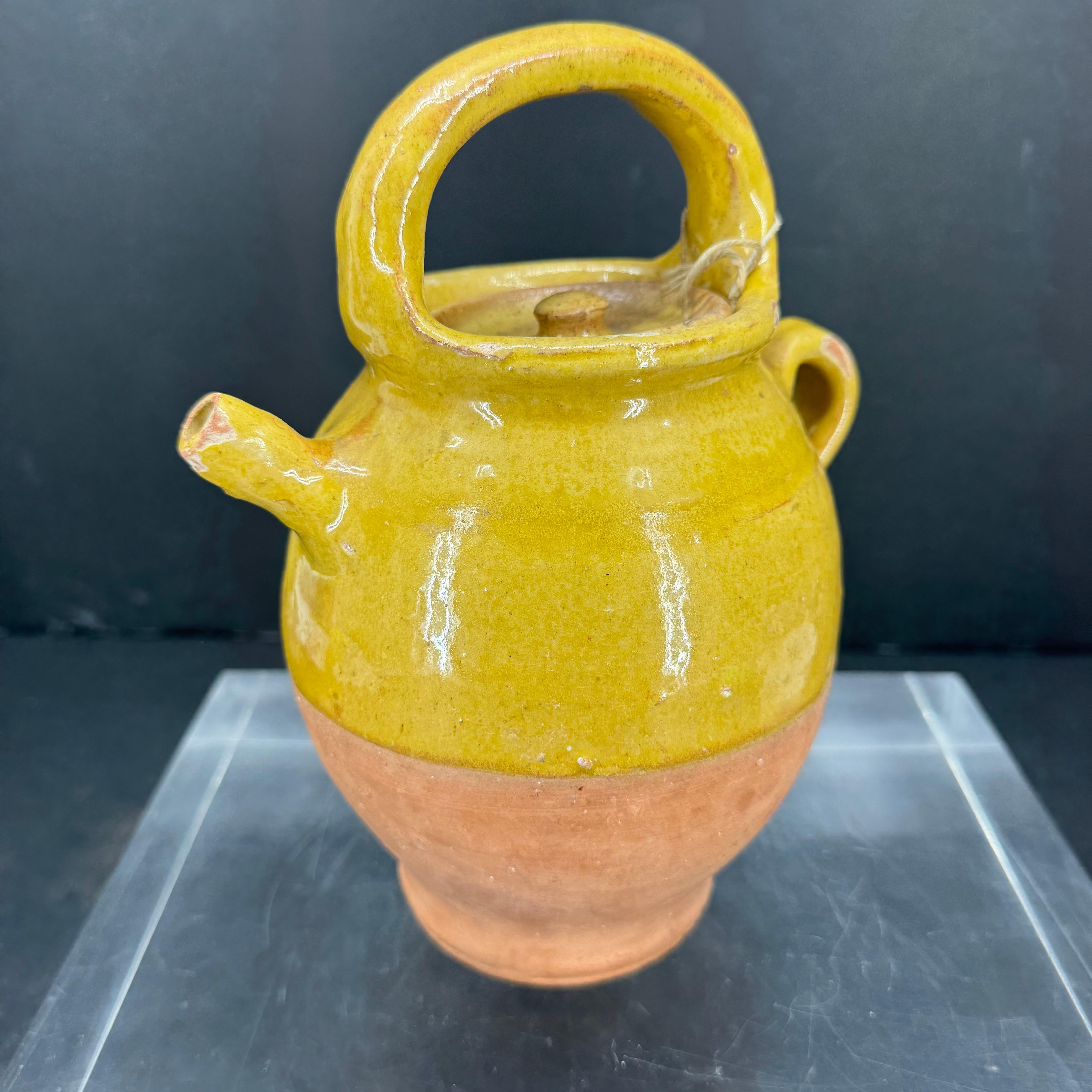 Glazed French Ceramic Water Cruche Jug with Handle and Lid