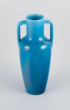 French ceramicist, large vase in turquoise glaze. Amphora style. Mid-20th C.