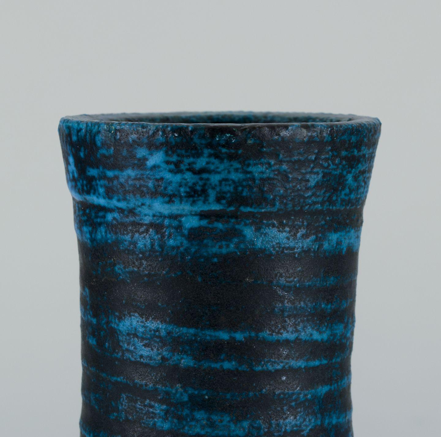 Glazed French ceramicist. Unique ceramic floor vase. Modernist style. Azure glaze. For Sale