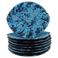 French Ceramist, Eight Dinner Plates in Glazed Stoneware, Mid-20th C