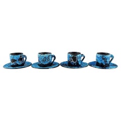 French Ceramist, Four Small Coffee Mugs with Saucers in Glazed Stoneware