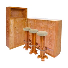 French Cerused Art Deco Style Oak Bar  with Bar stools